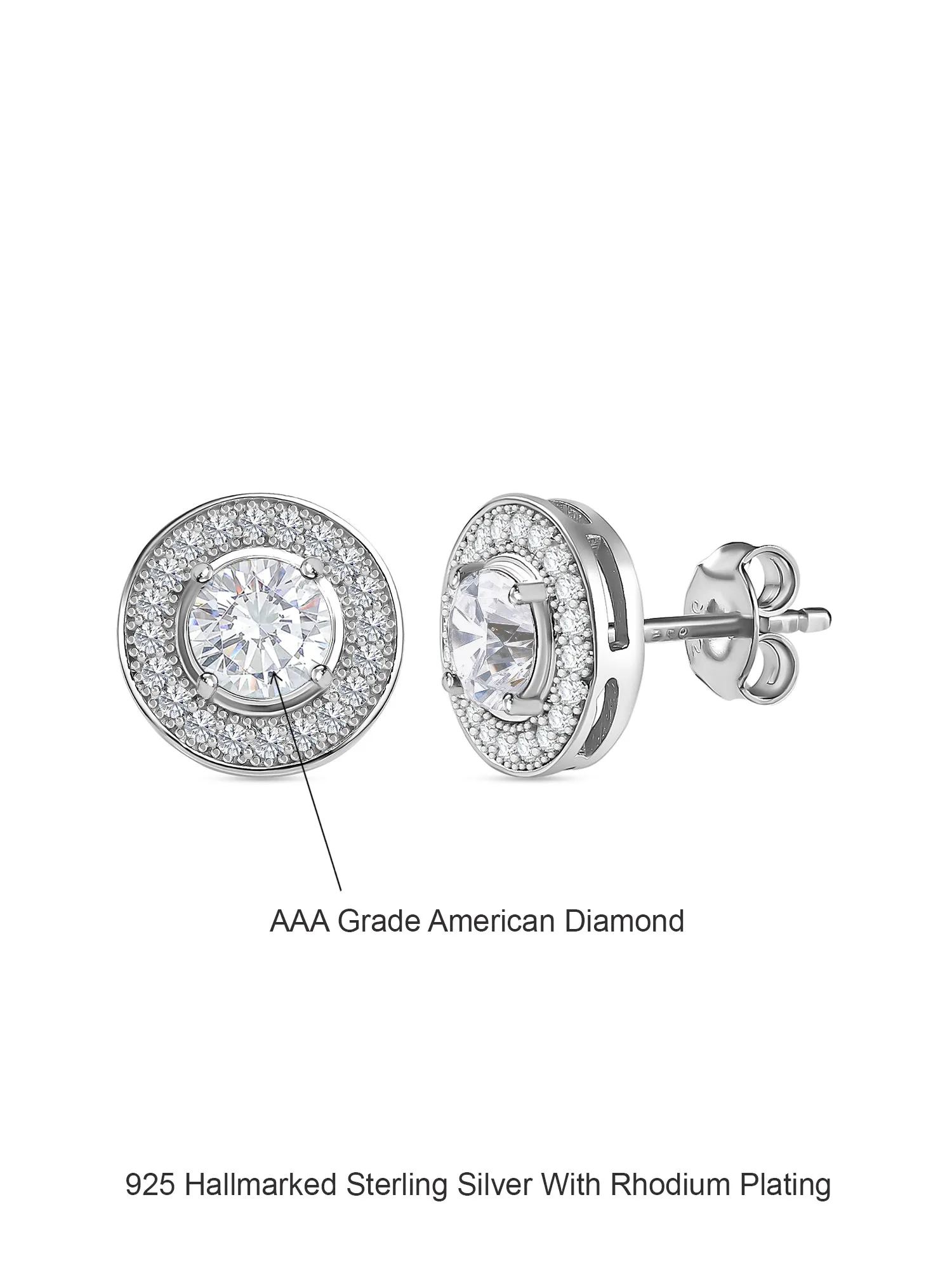 0.5 Carat American Diamond Solitaire Halo Studs In 925 Sterling Silver