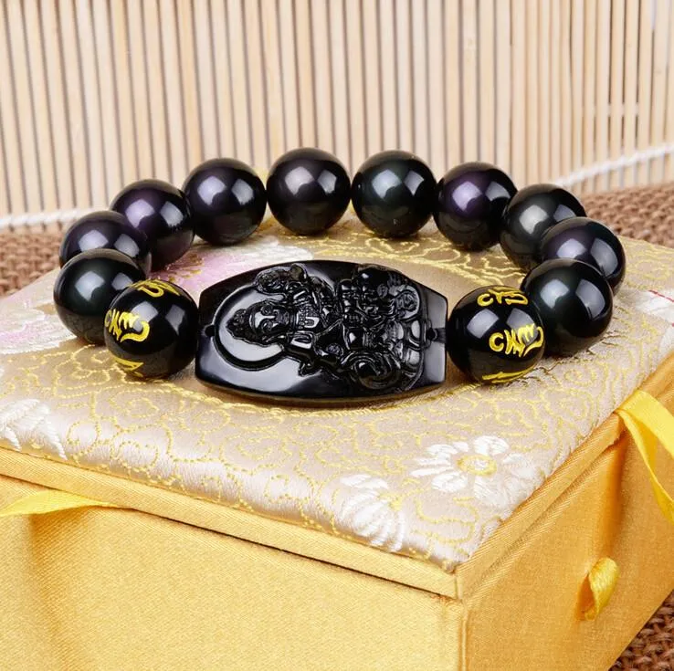 10MM  Natural Black Obsidian Buddha Bracelet