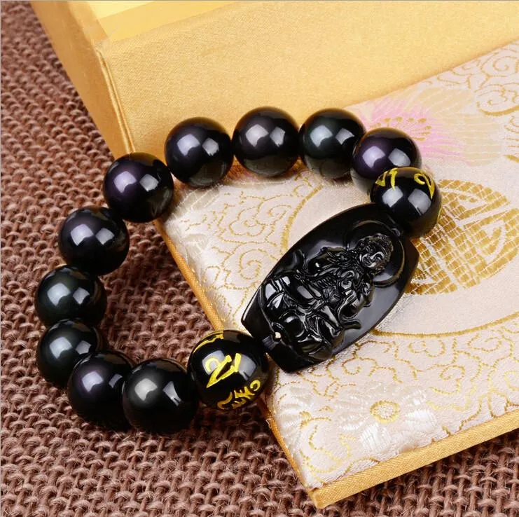 10MM  Natural Black Obsidian Buddha Bracelet