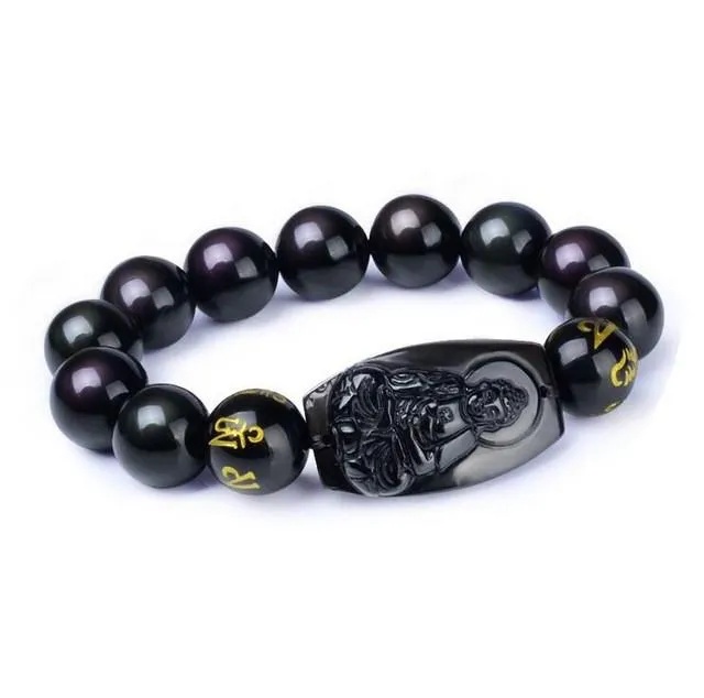 10MM  Natural Black Obsidian Buddha Bracelet