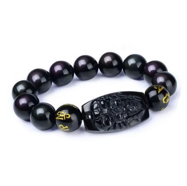 10MM  Natural Black Obsidian Buddha Bracelet