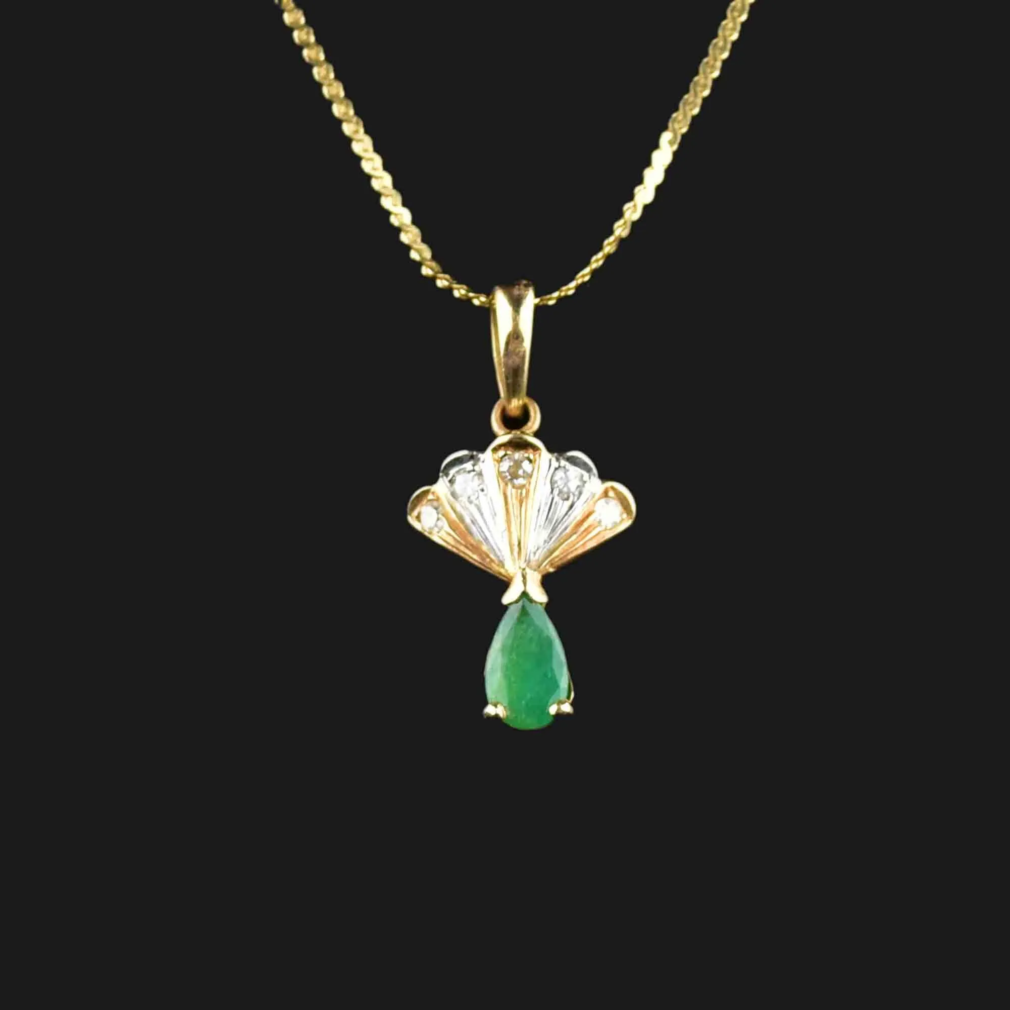 14K Gold Fan Diamond Emerald Pendant Necklace