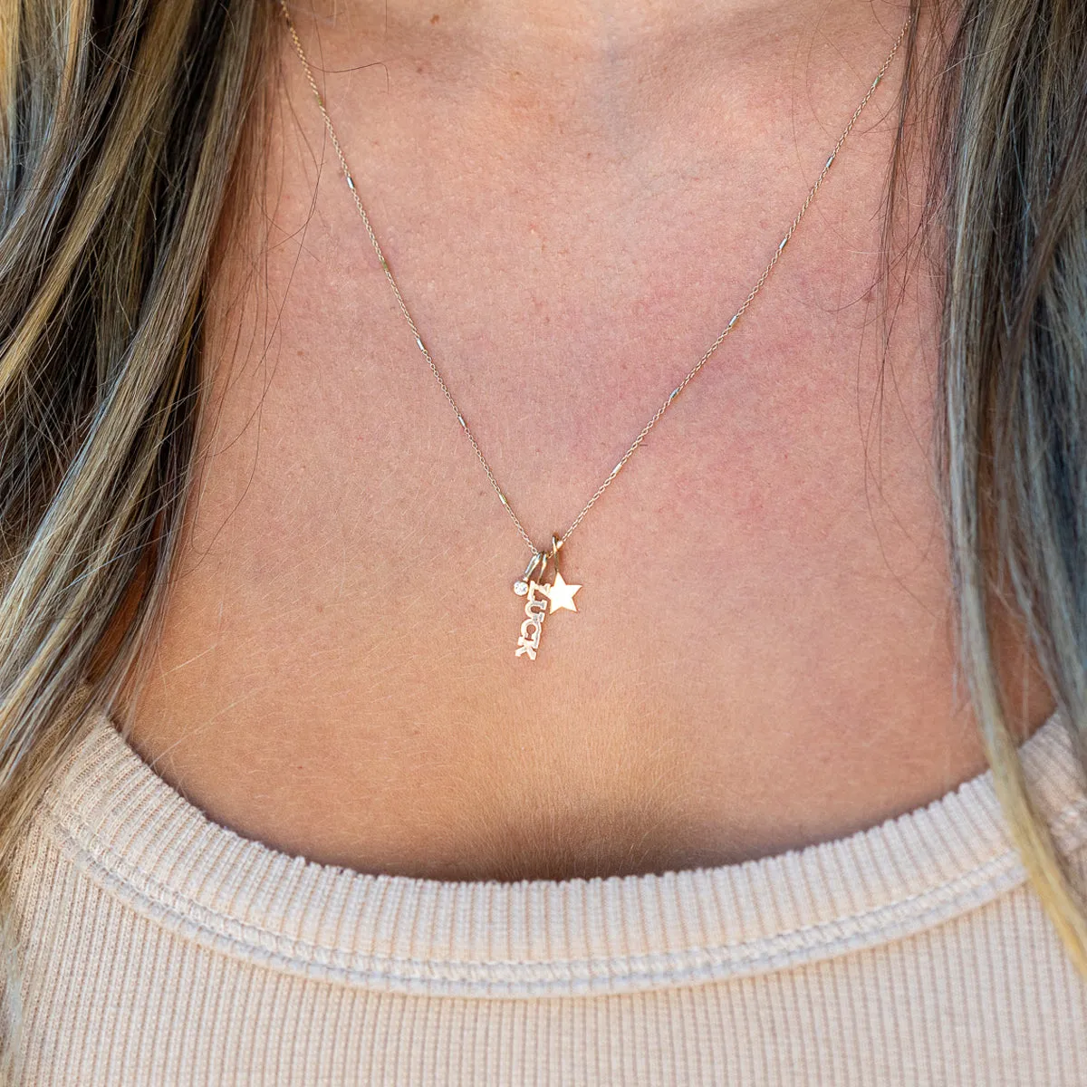 14k Gold LUCK Charm Necklace with Star & Diamond