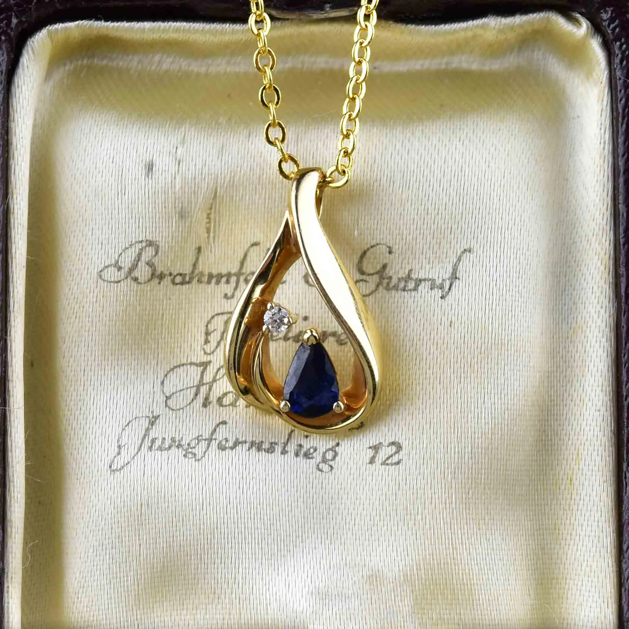 14K Gold Pear Cut Blue Sapphire Diamond Pendant Necklace