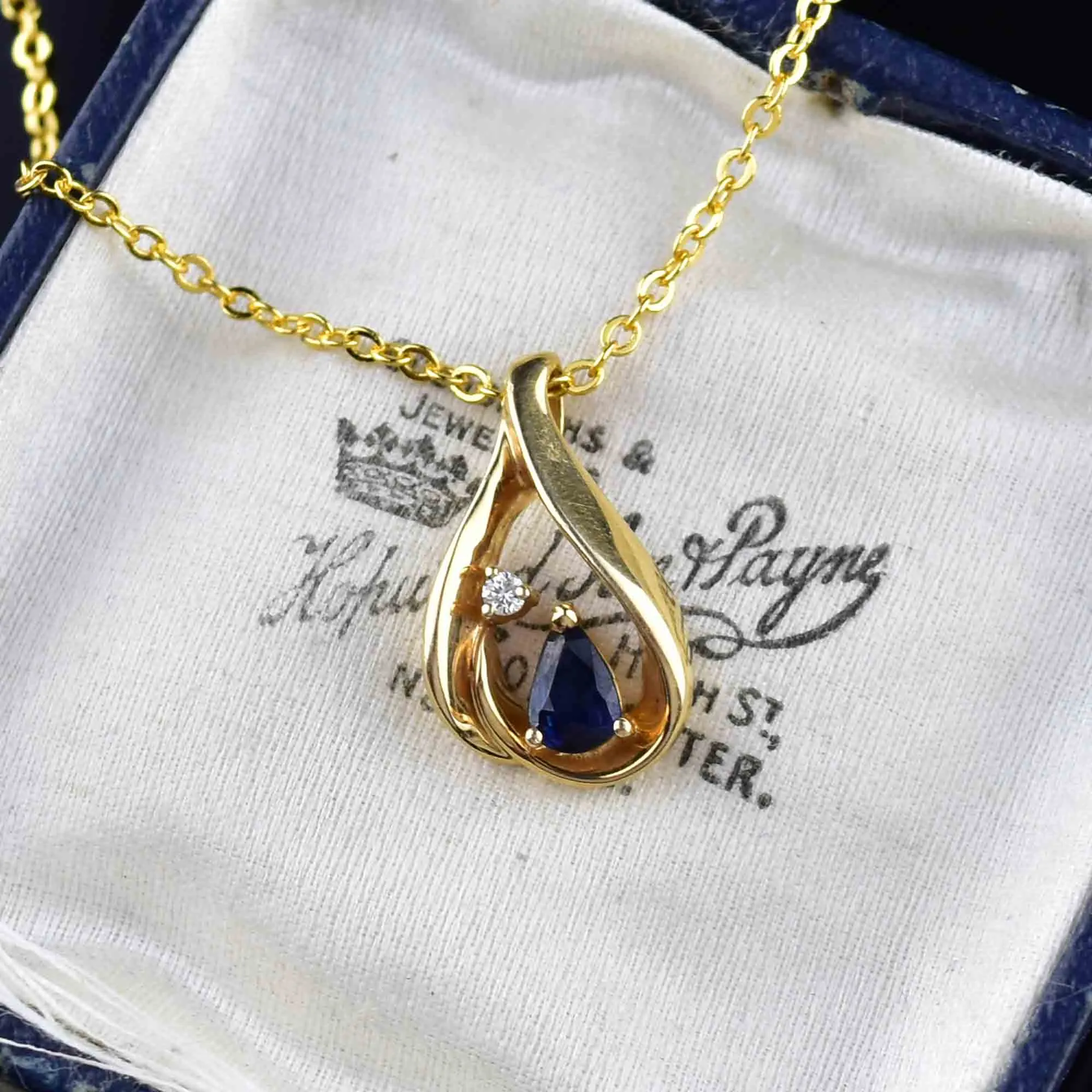 14K Gold Pear Cut Blue Sapphire Diamond Pendant Necklace