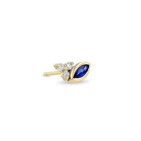 14K Gold Stud Earring With Marquise Blue Sapphire and Three Diamonds