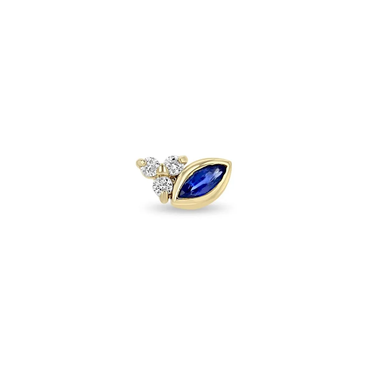 14K Gold Stud Earring With Marquise Blue Sapphire and Three Diamonds