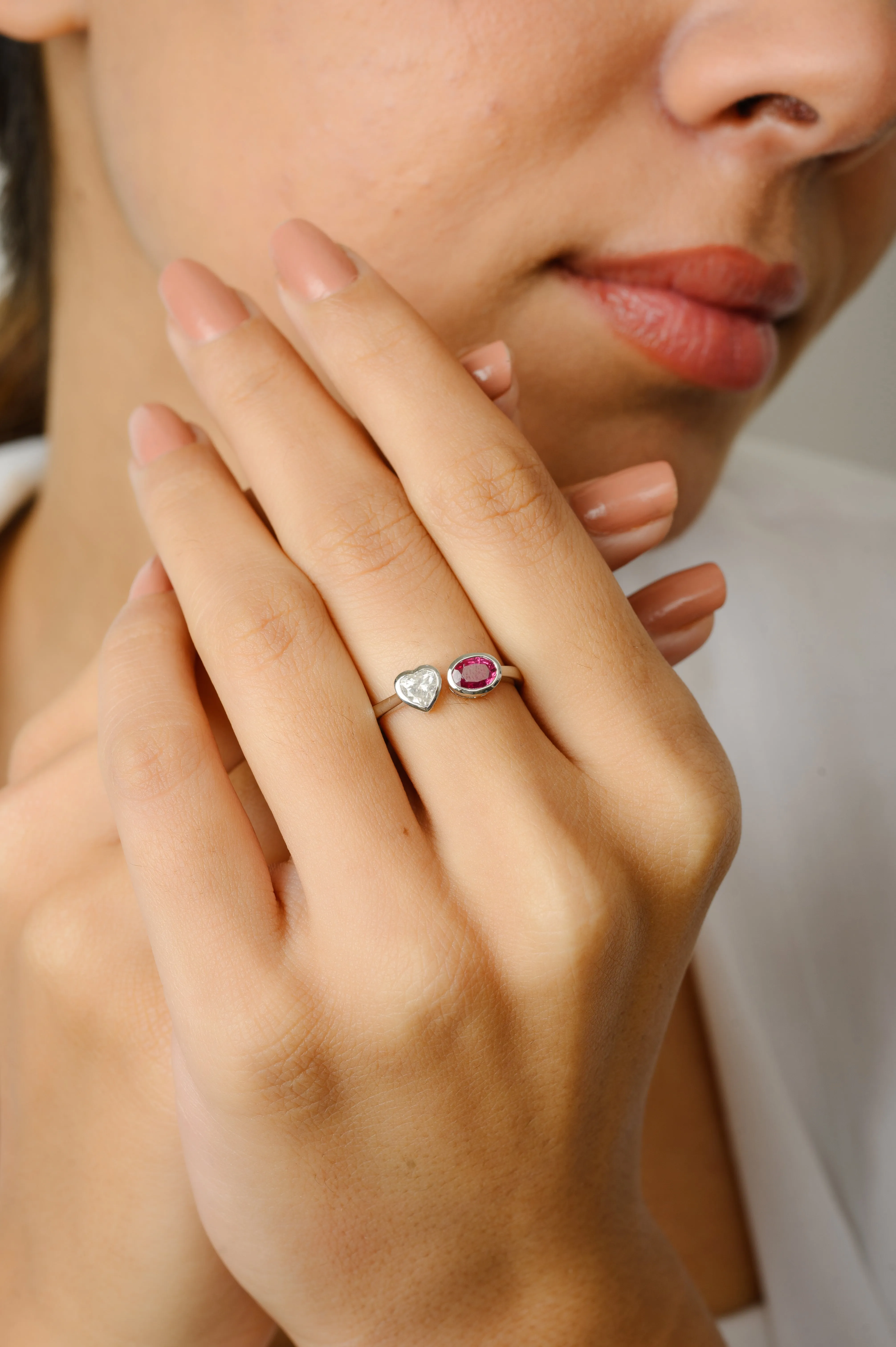 18K Gold Heart Diamond & Oval Ruby Toi et Moi Ring