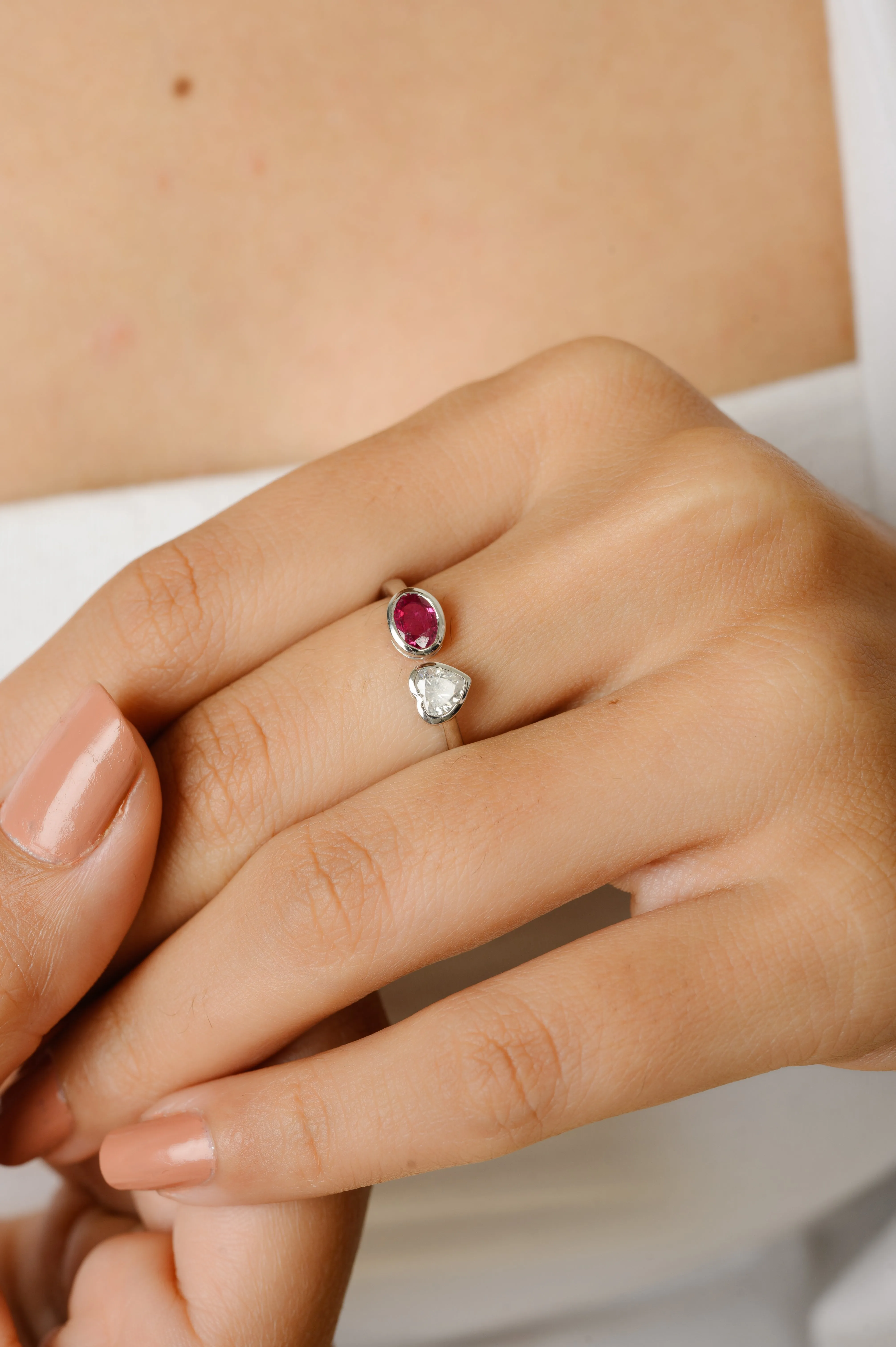 18K Gold Heart Diamond & Oval Ruby Toi et Moi Ring