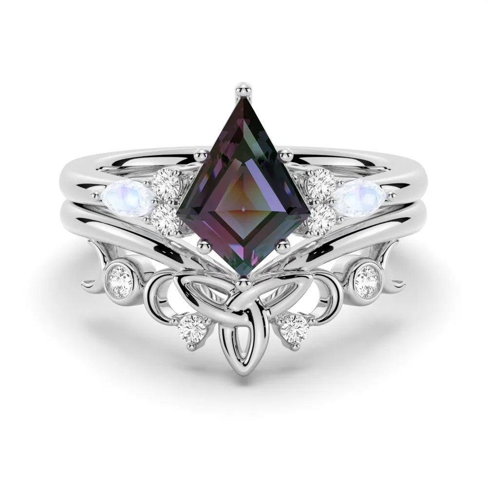 2 CT. Art Deco Unique Kite Cut Alexandrite Engagement Ring Set With Moonstone Accents