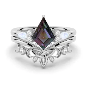 2 CT. Art Deco Unique Kite Cut Alexandrite Engagement Ring Set With Moonstone Accents