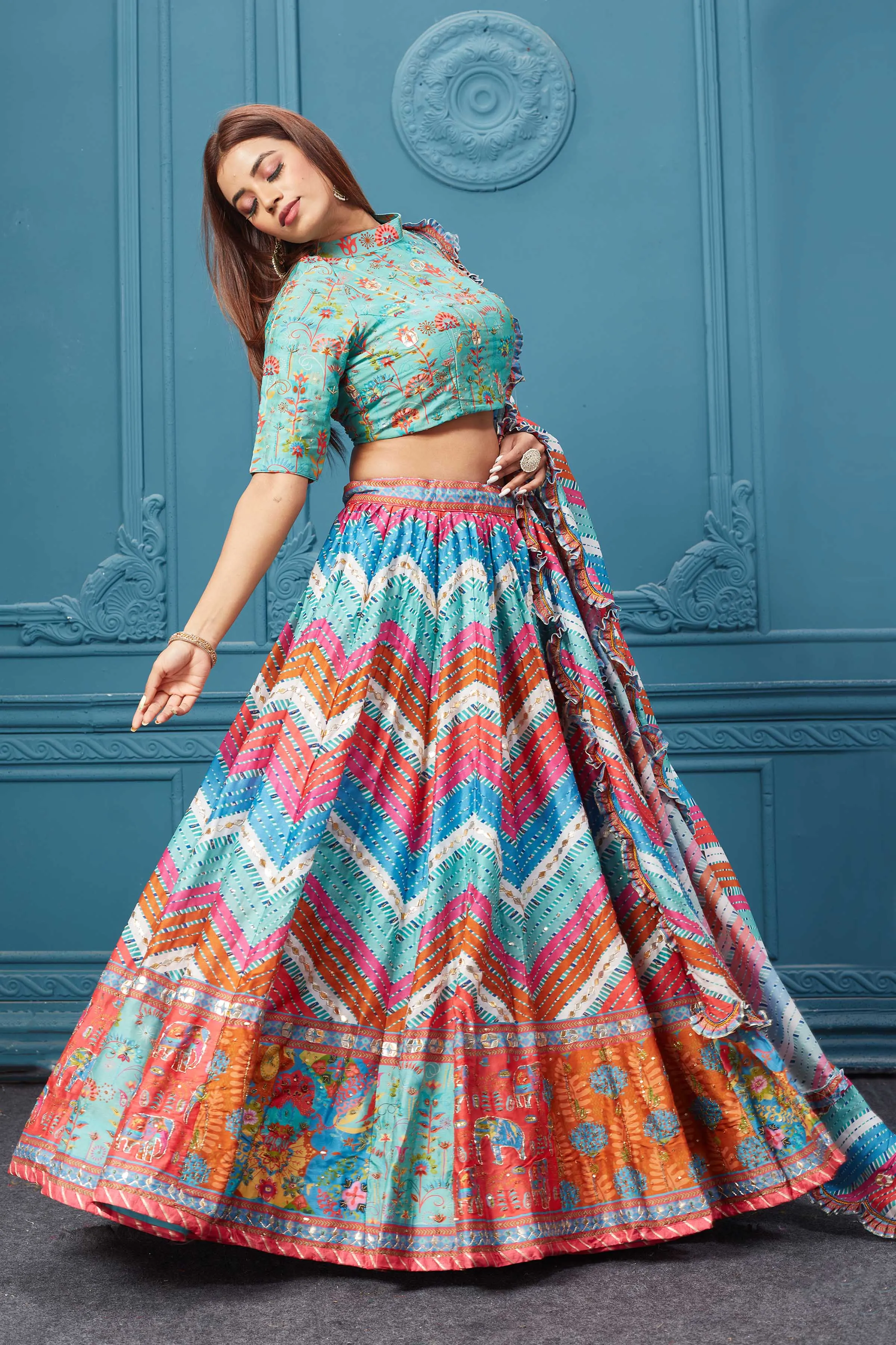 310031 Multicolor Printed Lehnga With Frilled Dupatta