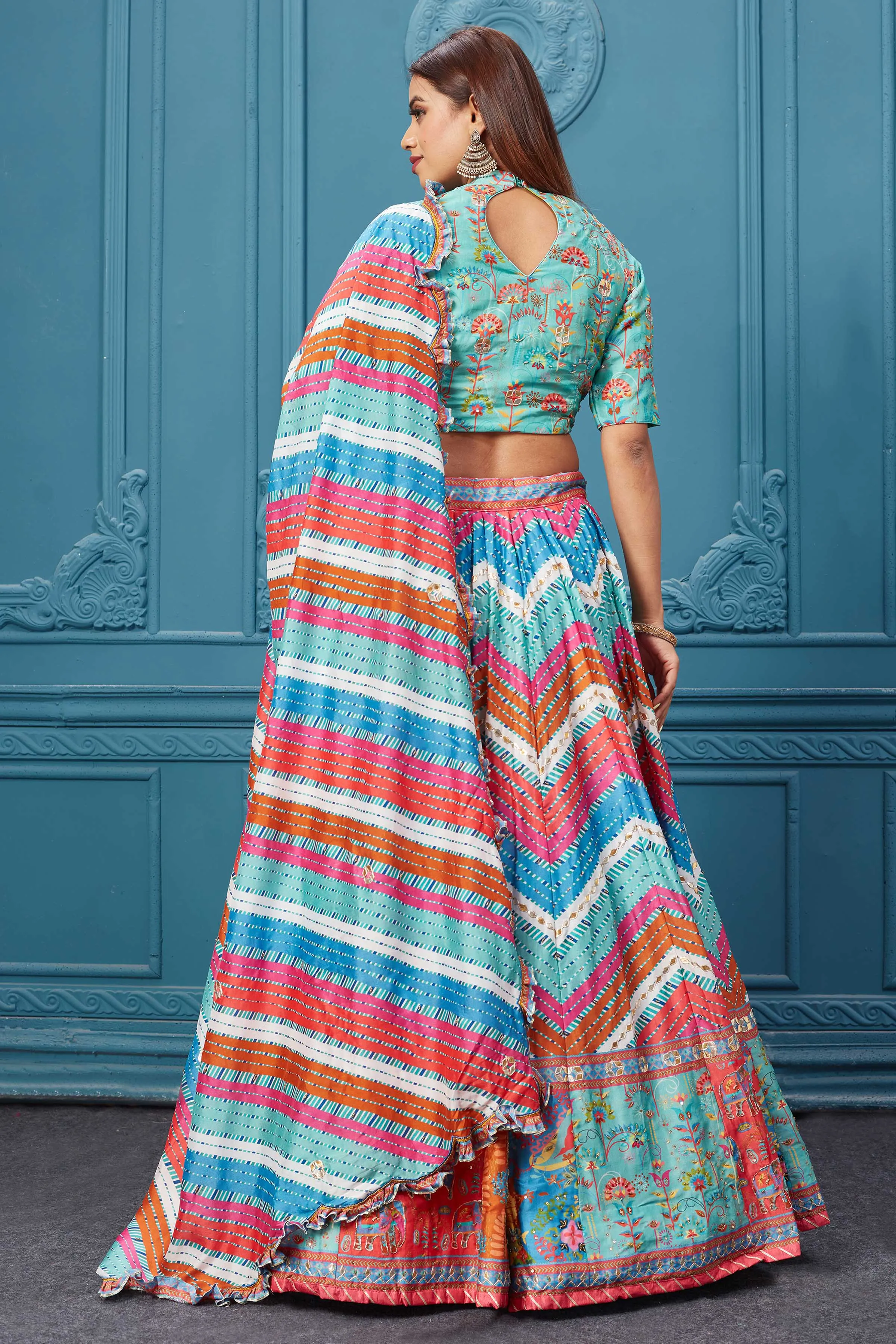 310031 Multicolor Printed Lehnga With Frilled Dupatta