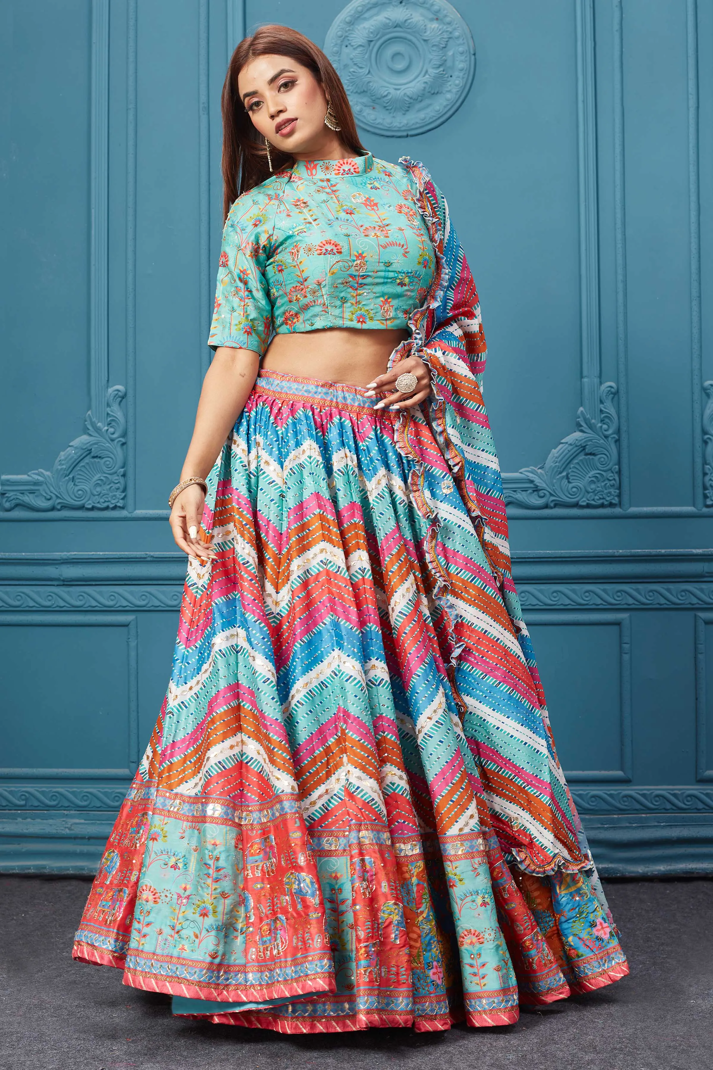 310031 Multicolor Printed Lehnga With Frilled Dupatta