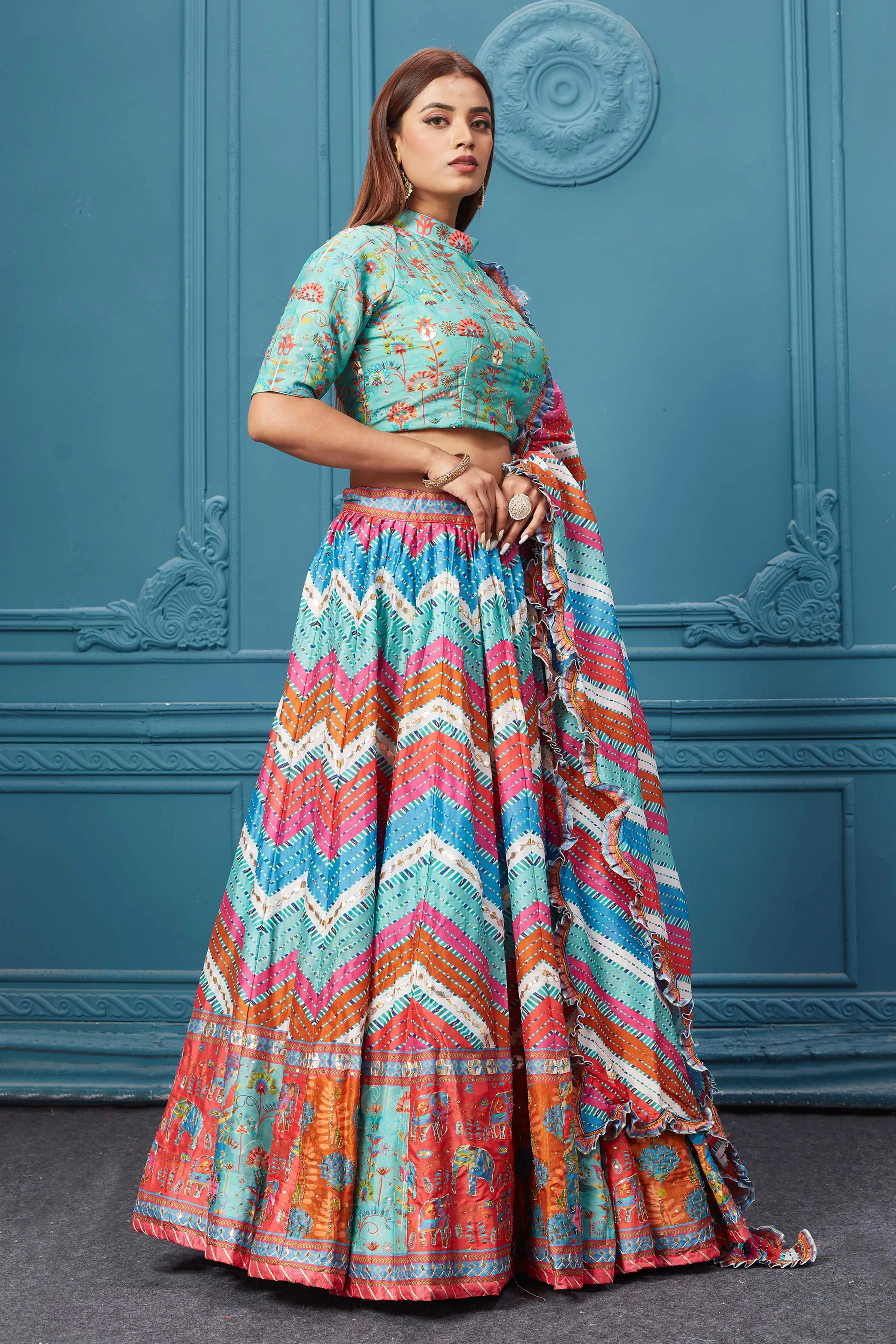 310031 Multicolor Printed Lehnga With Frilled Dupatta