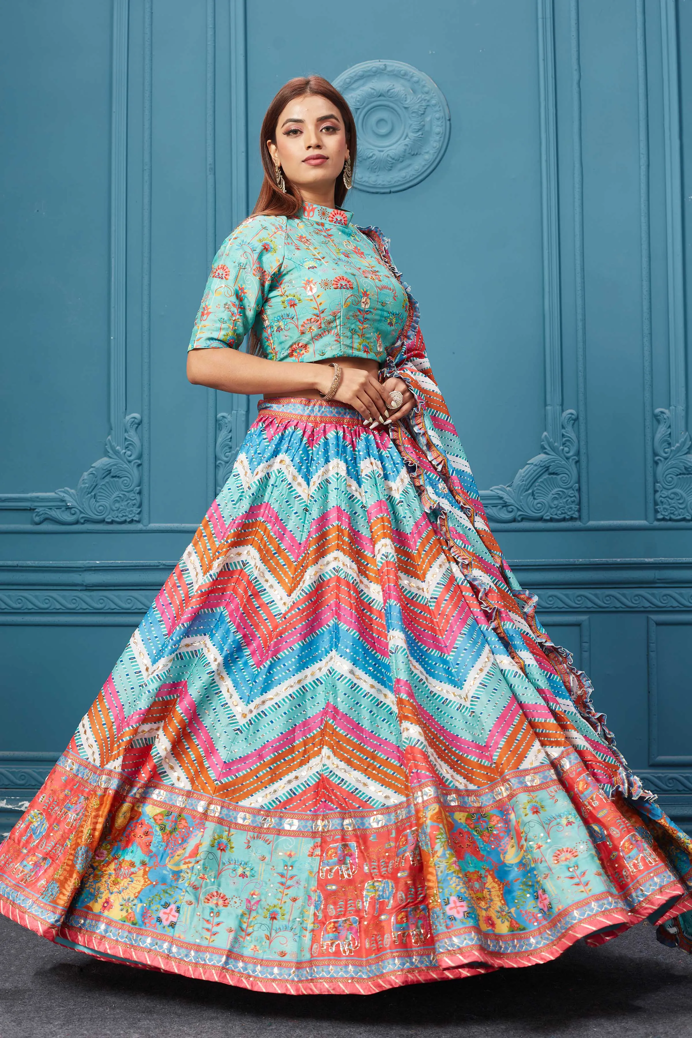 310031 Multicolor Printed Lehnga With Frilled Dupatta