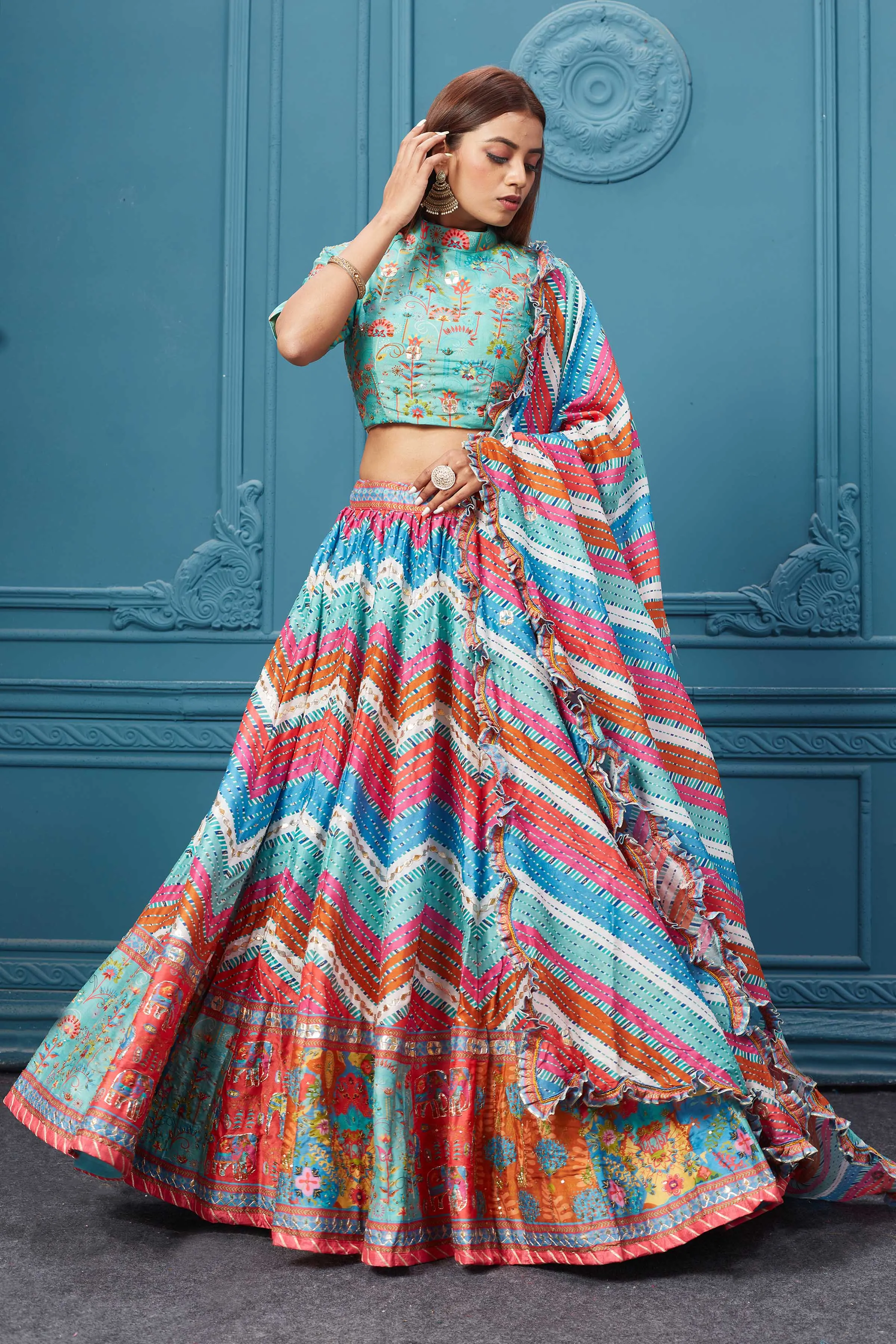 310031 Multicolor Printed Lehnga With Frilled Dupatta