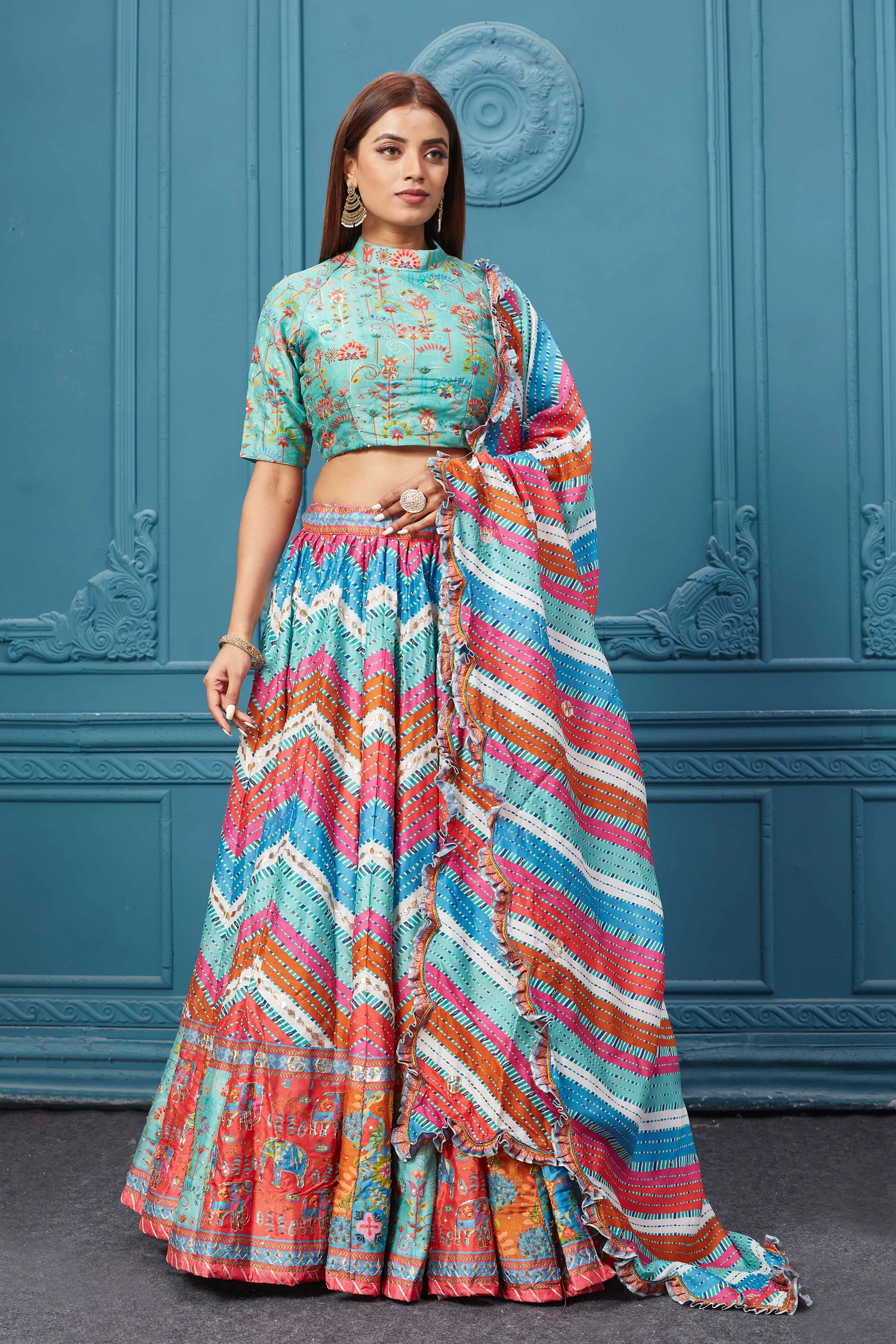 310031 Multicolor Printed Lehnga With Frilled Dupatta