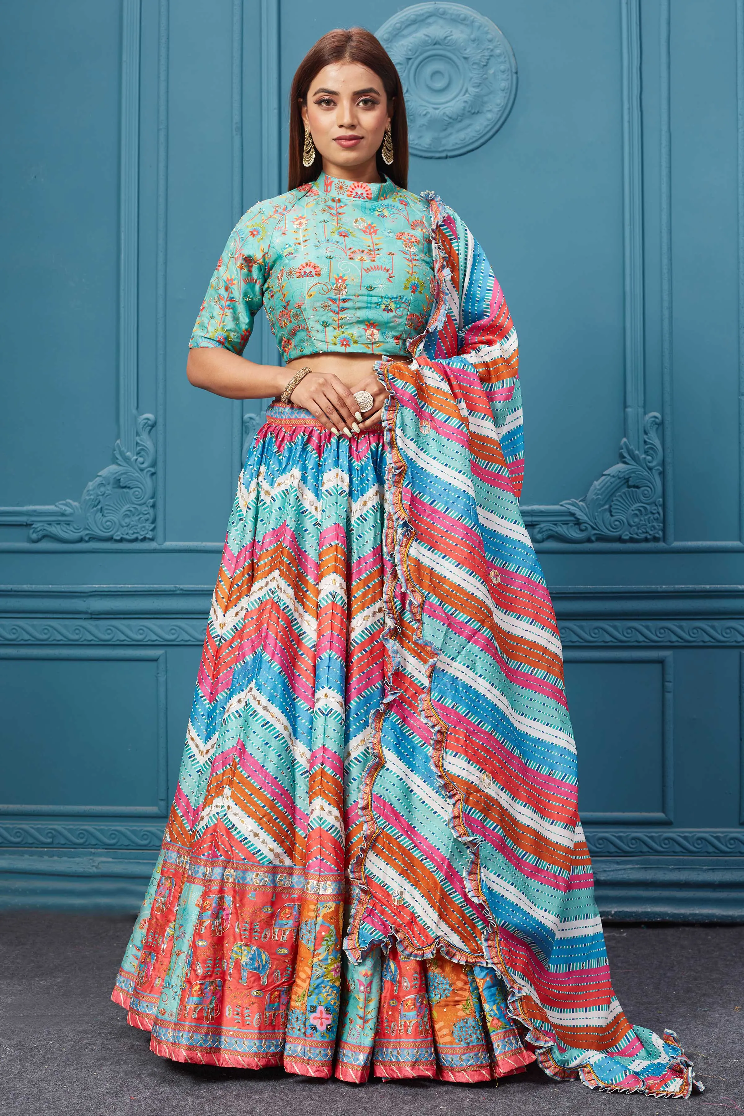 310031 Multicolor Printed Lehnga With Frilled Dupatta