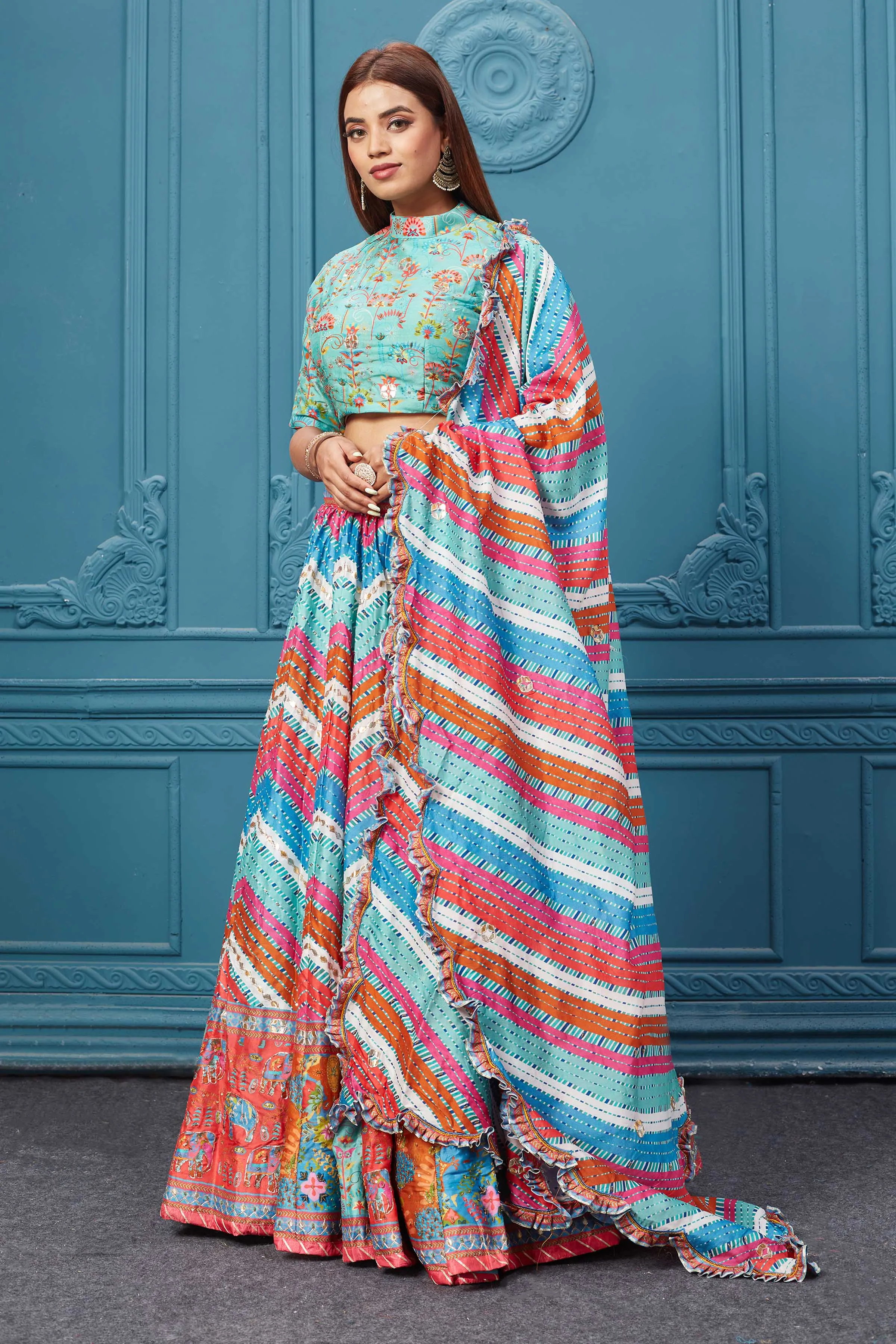 310031 Multicolor Printed Lehnga With Frilled Dupatta