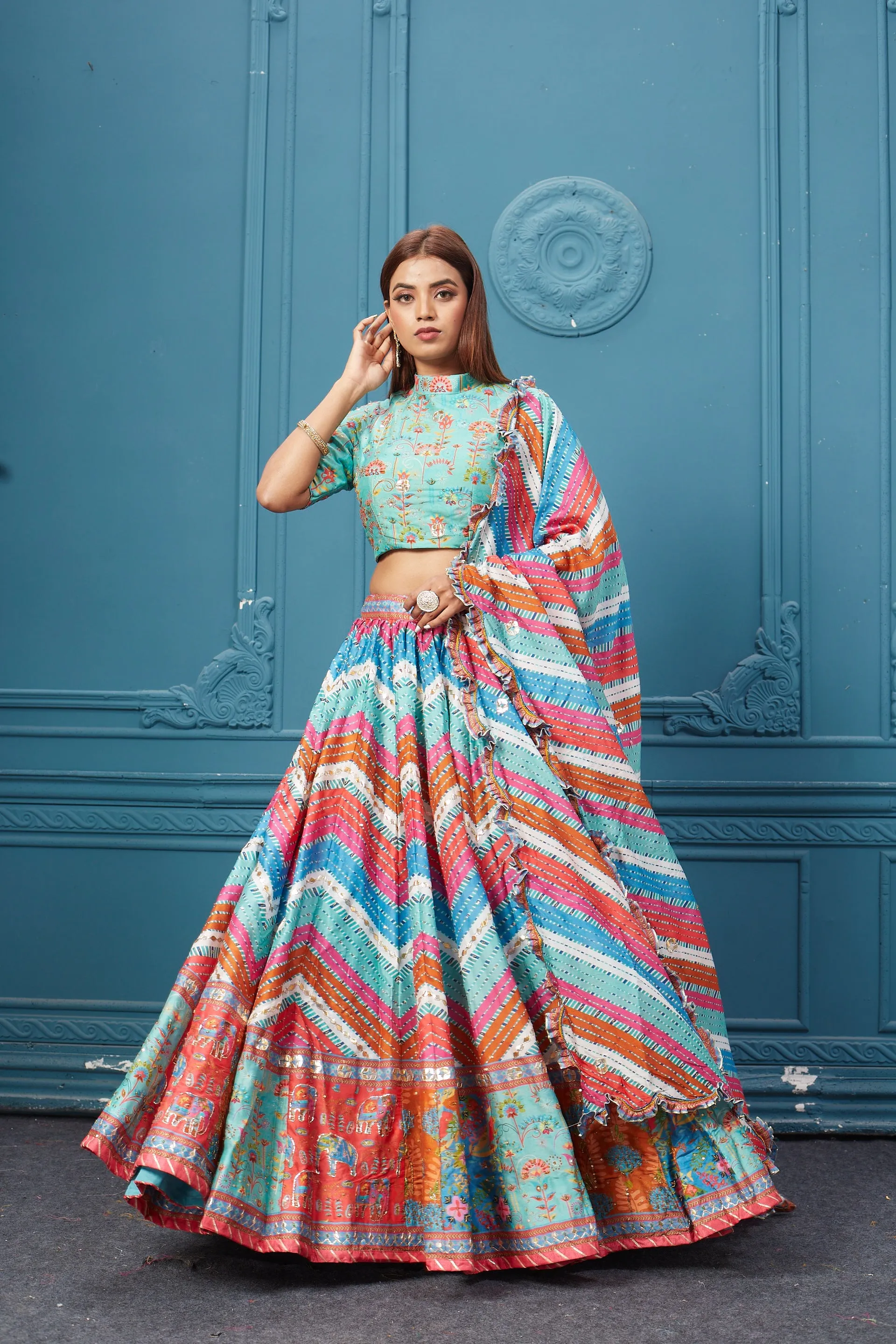 310031 Multicolor Printed Lehnga With Frilled Dupatta