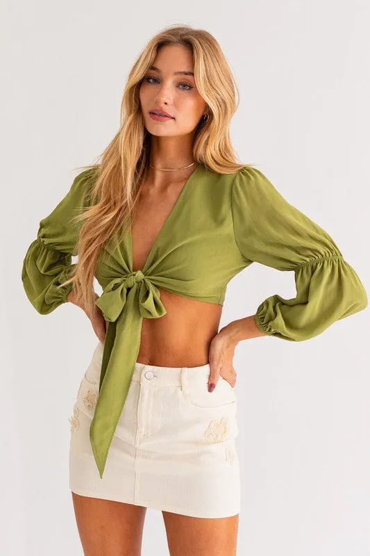 3/4 Sleeve Front Tie Crop Top