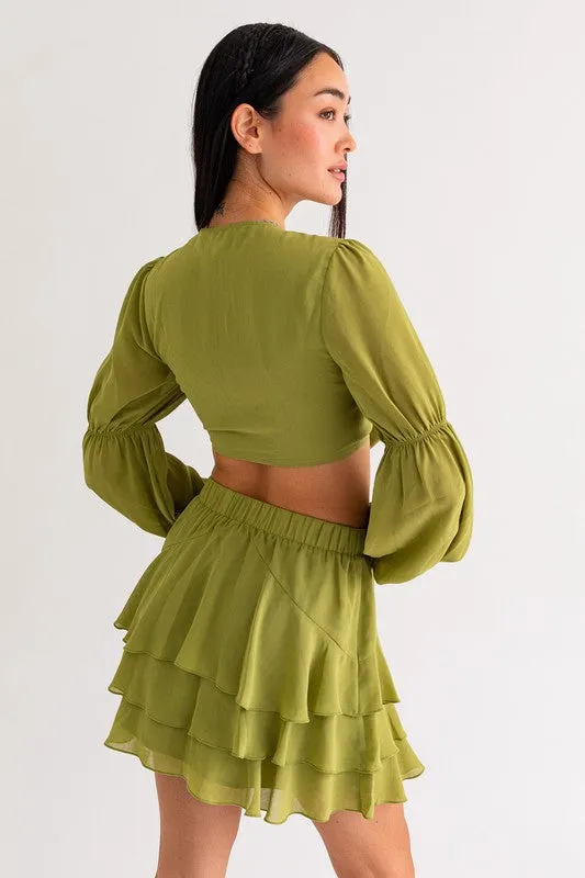 3/4 Sleeve Front Tie Crop Top