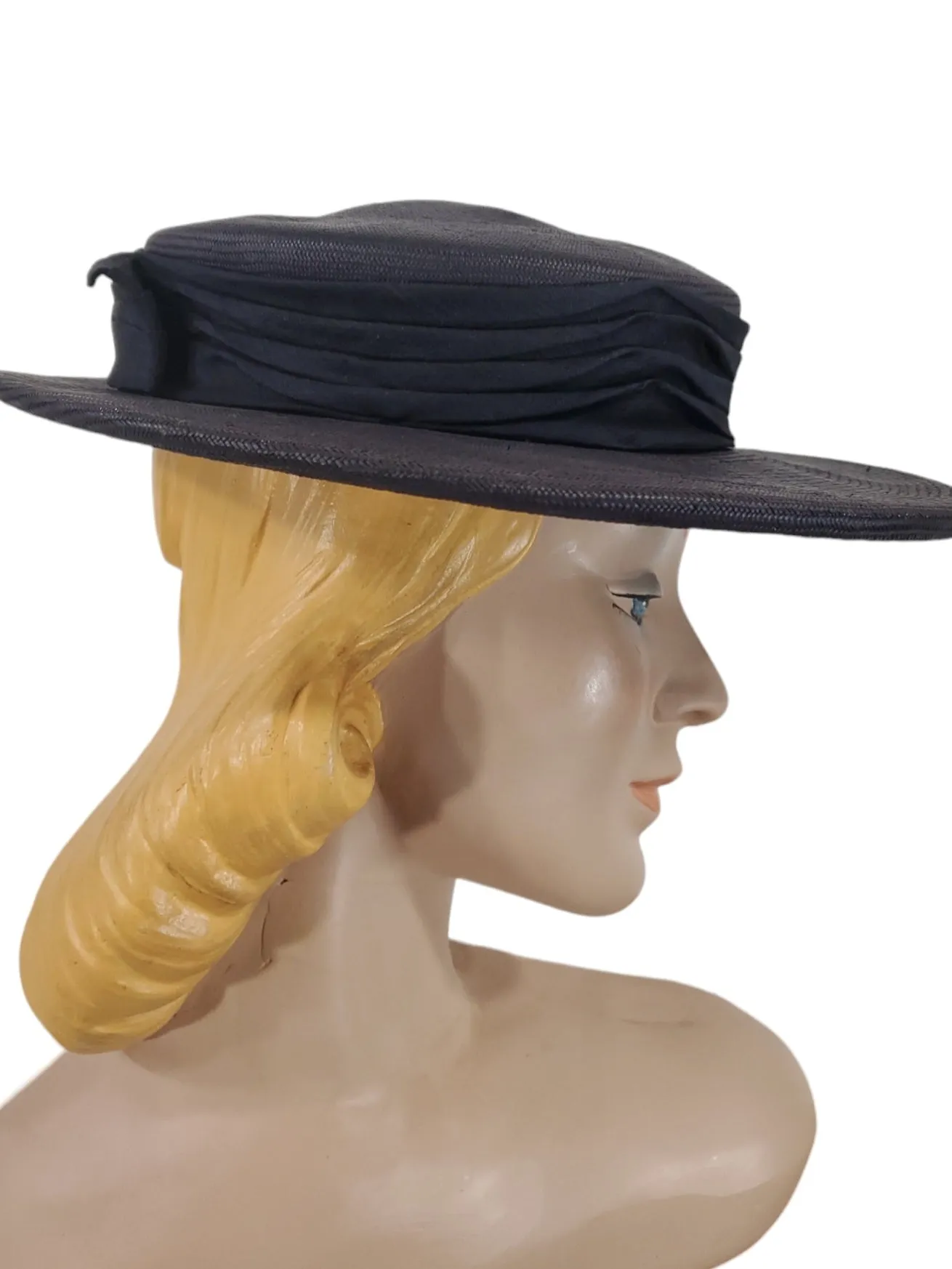 40s/50s Navy Blue Straw Boater Hat