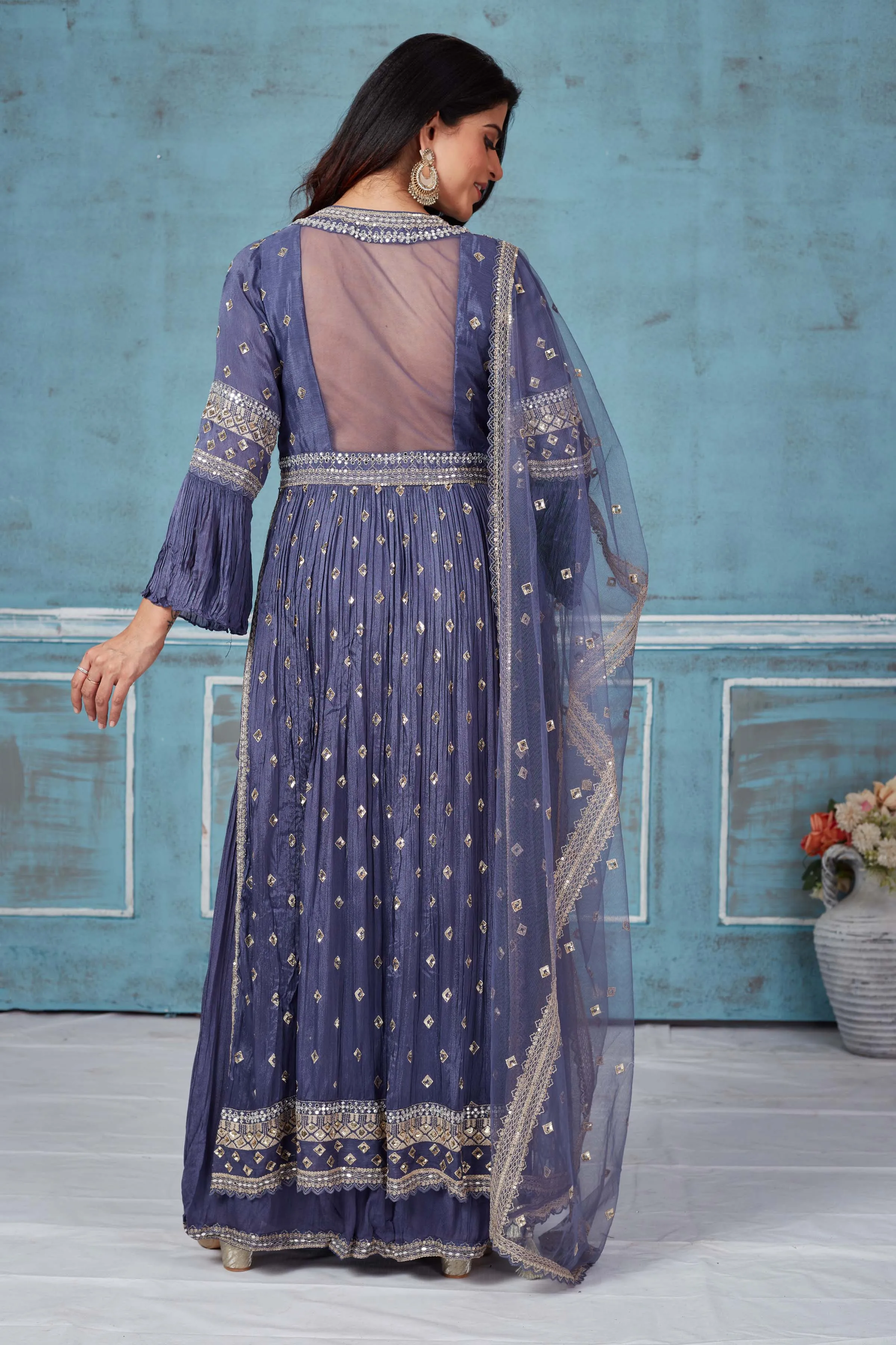 52A157 Blue Embroidered Crepe Suit With Palazzo And Dupatta