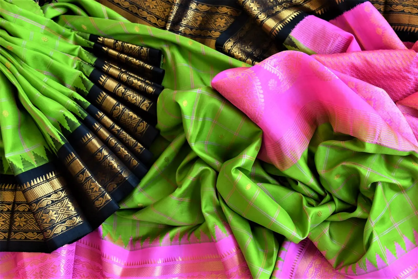 90L317 Light Green Gadhwal Silk Saree with Pink Zari Border