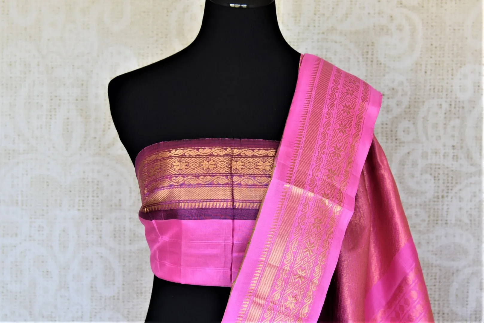 90L317 Light Green Gadhwal Silk Saree with Pink Zari Border