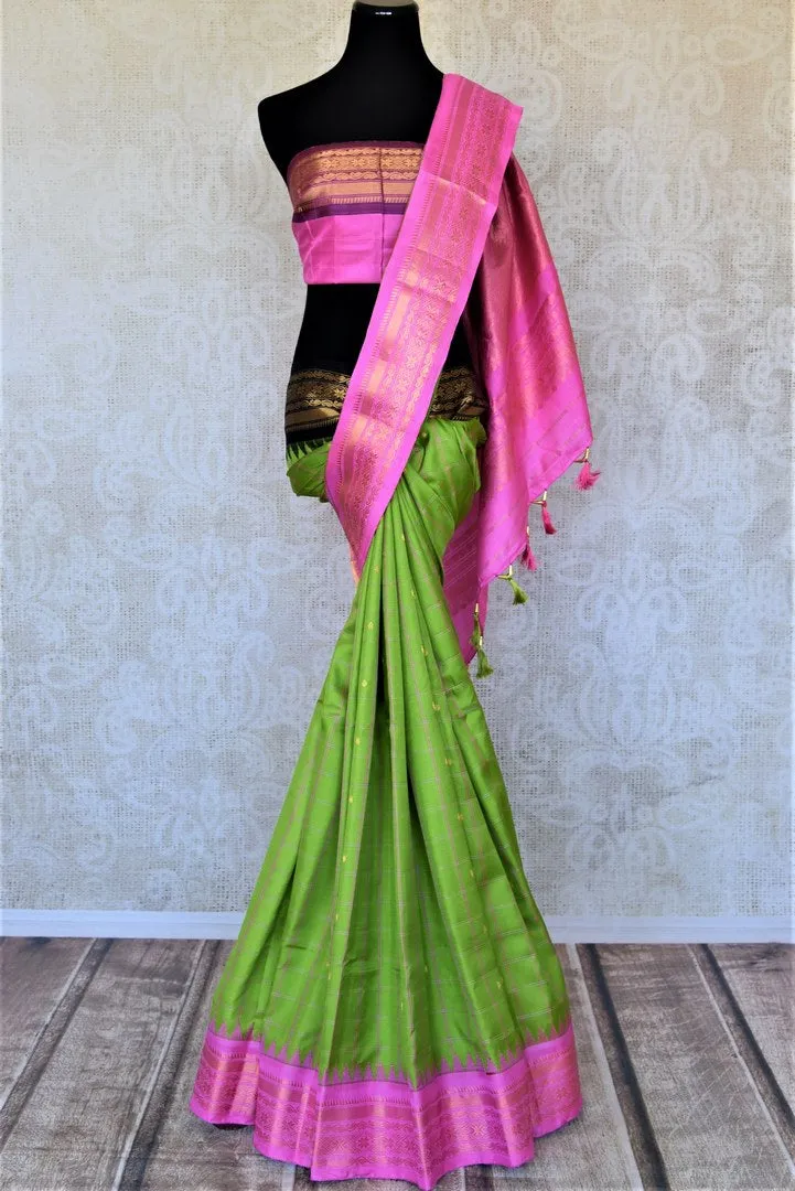 90L317 Light Green Gadhwal Silk Saree with Pink Zari Border