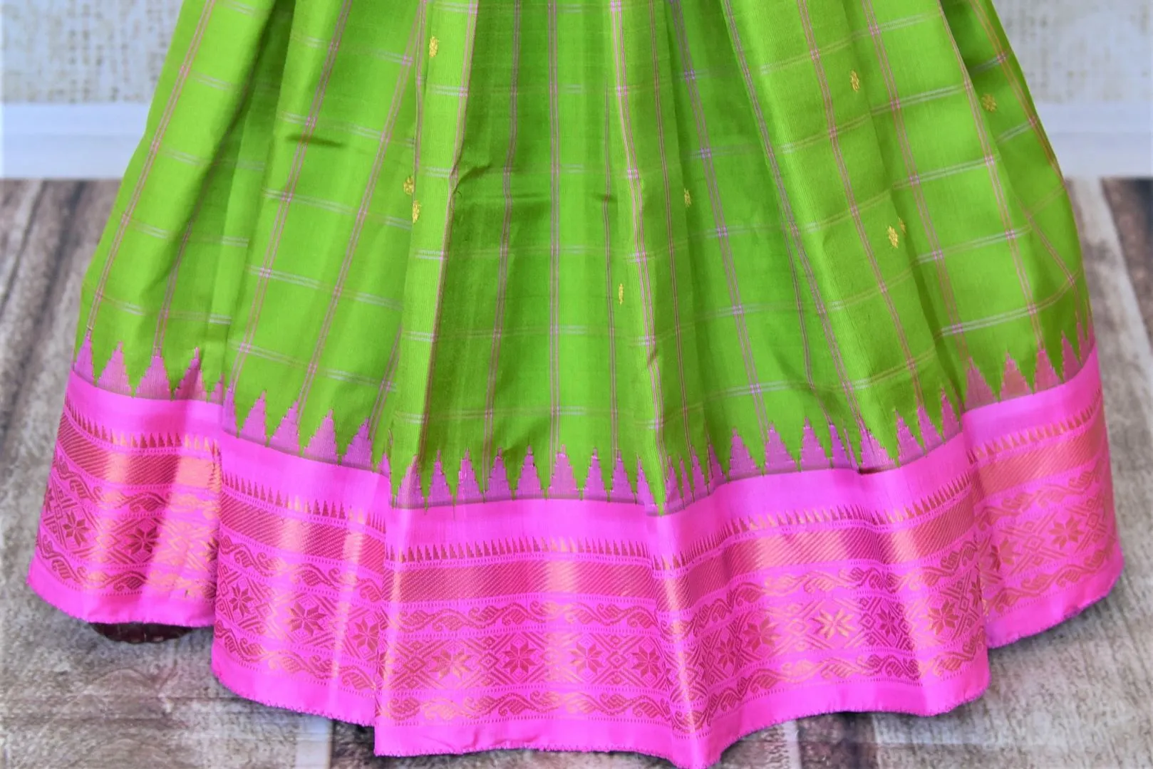 90L317 Light Green Gadhwal Silk Saree with Pink Zari Border