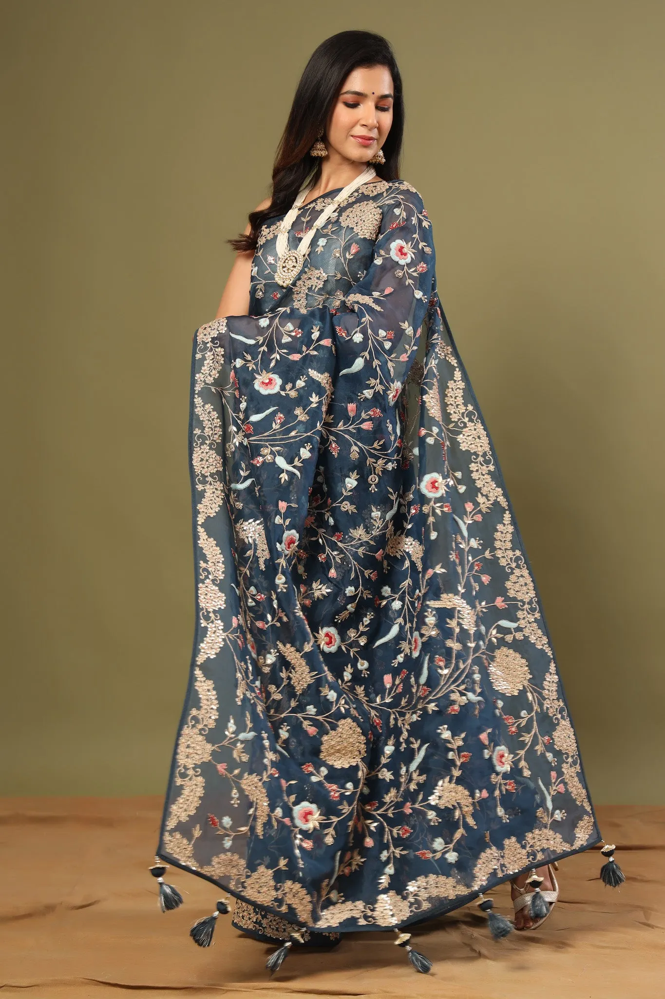 90Z480-NRO Blue Floral Embroidery Organza Saree