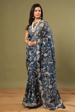 90Z480-NRO Blue Floral Embroidery Organza Saree