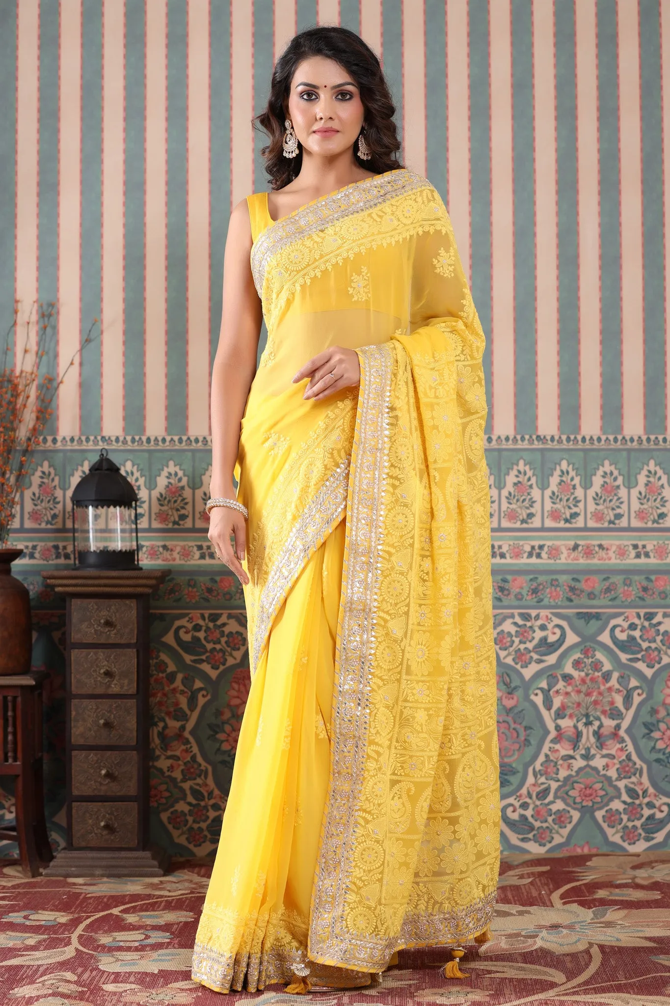 90Z488-NRO Yellow Georgette Lucknowi Saree with Gota Work Border