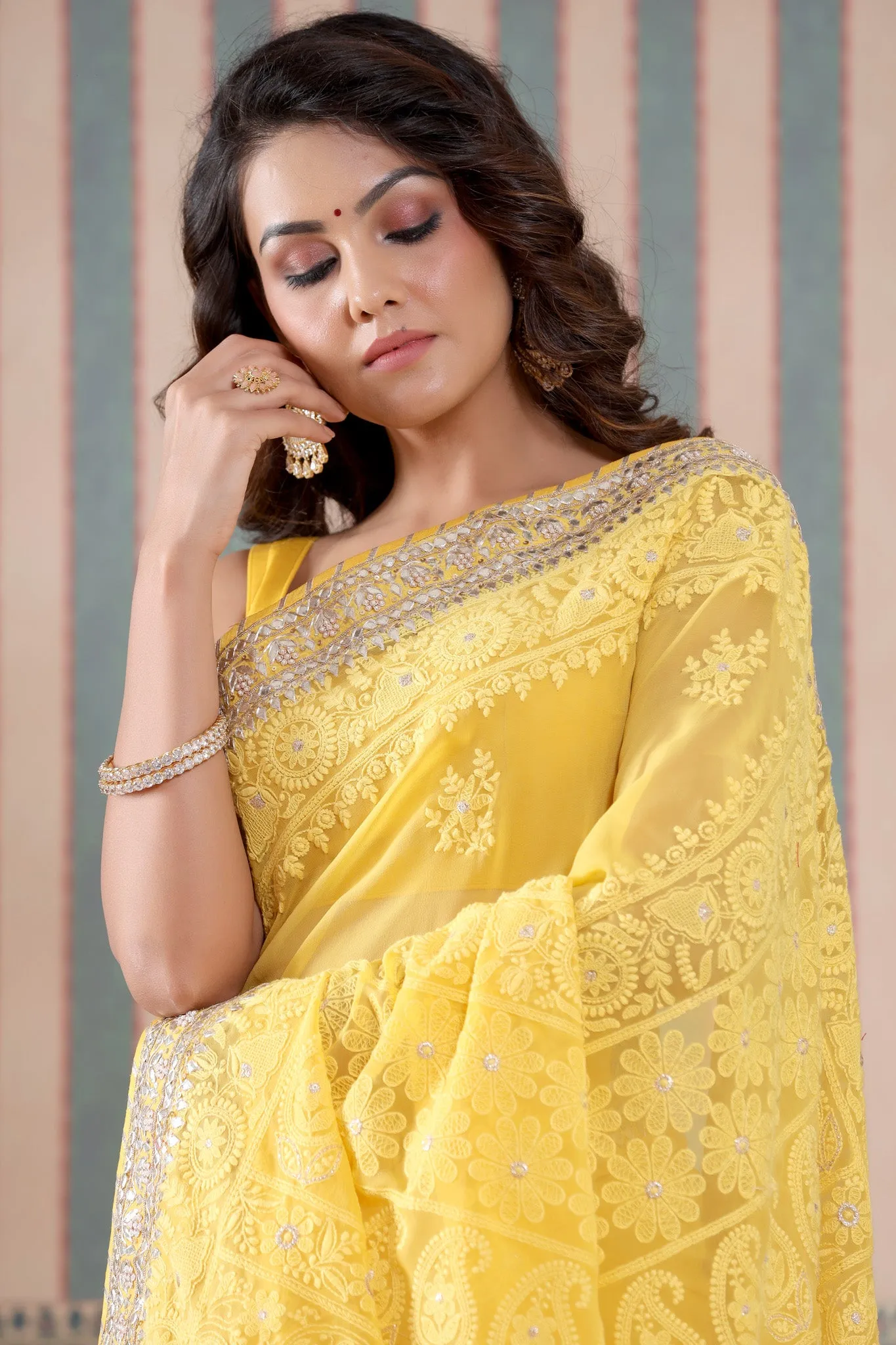 90Z488-NRO Yellow Georgette Lucknowi Saree with Gota Work Border