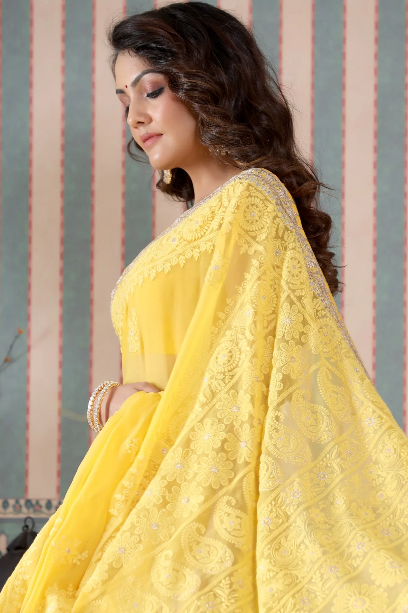 90Z488-NRO Yellow Georgette Lucknowi Saree with Gota Work Border