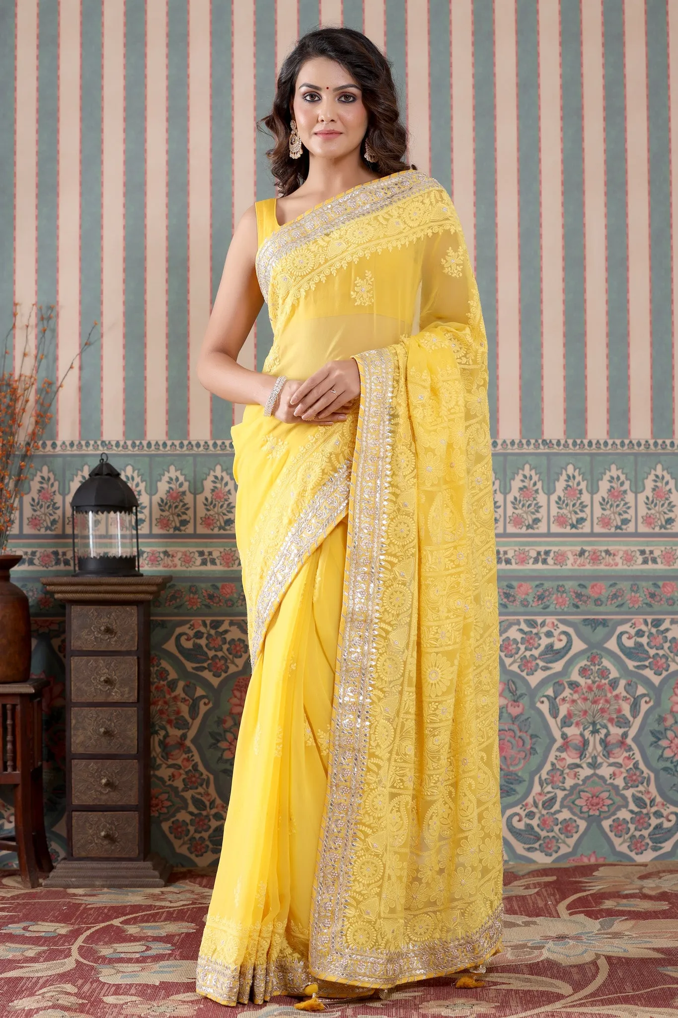 90Z488-NRO Yellow Georgette Lucknowi Saree with Gota Work Border