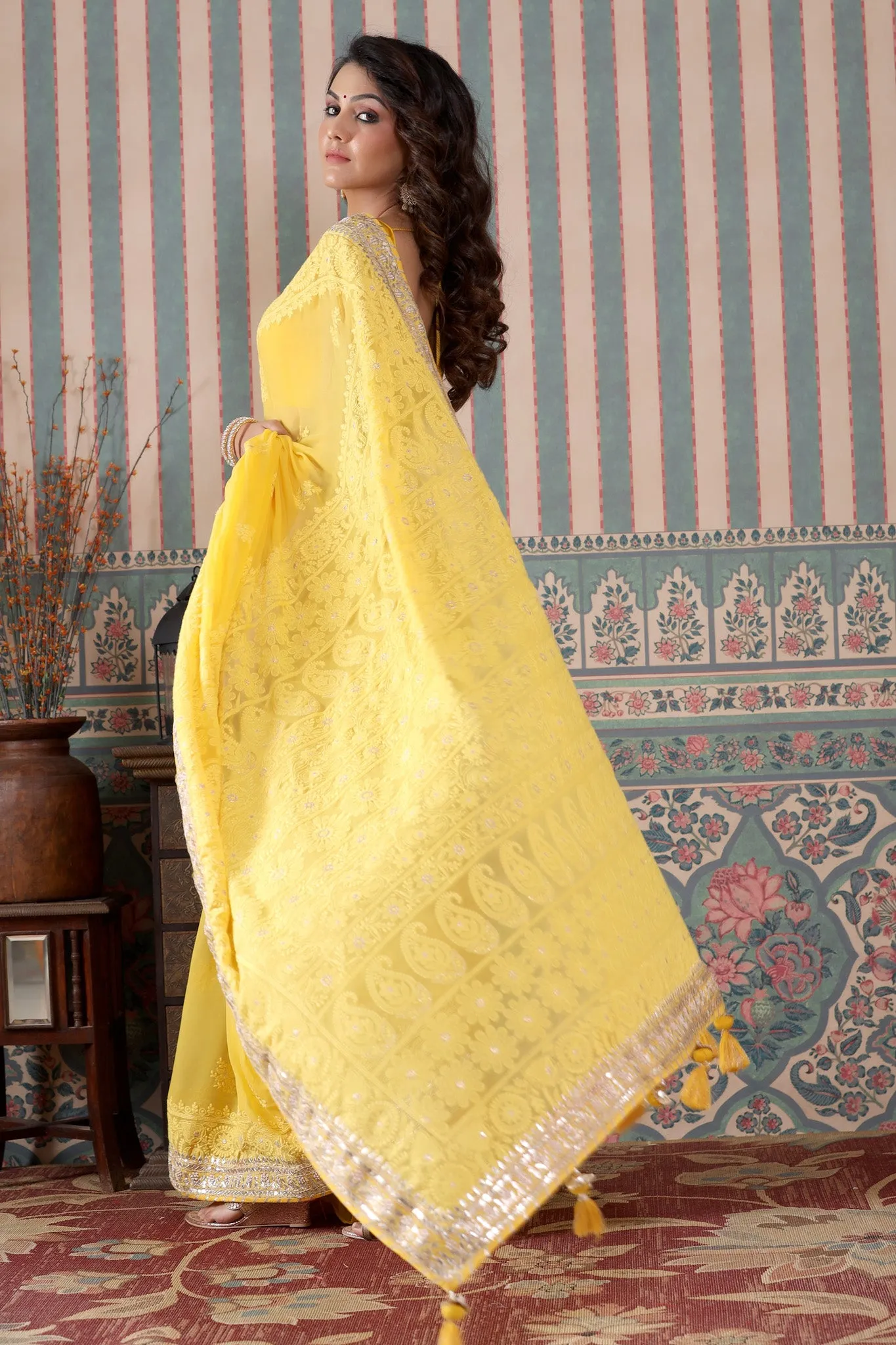 90Z488-NRO Yellow Georgette Lucknowi Saree with Gota Work Border