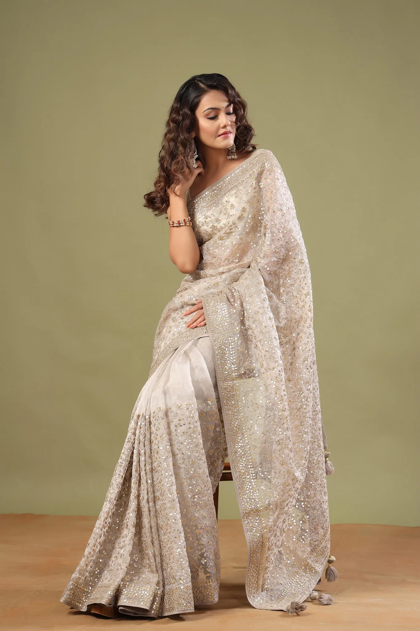 90Z553-RO Grey Gota Work Organza Saree