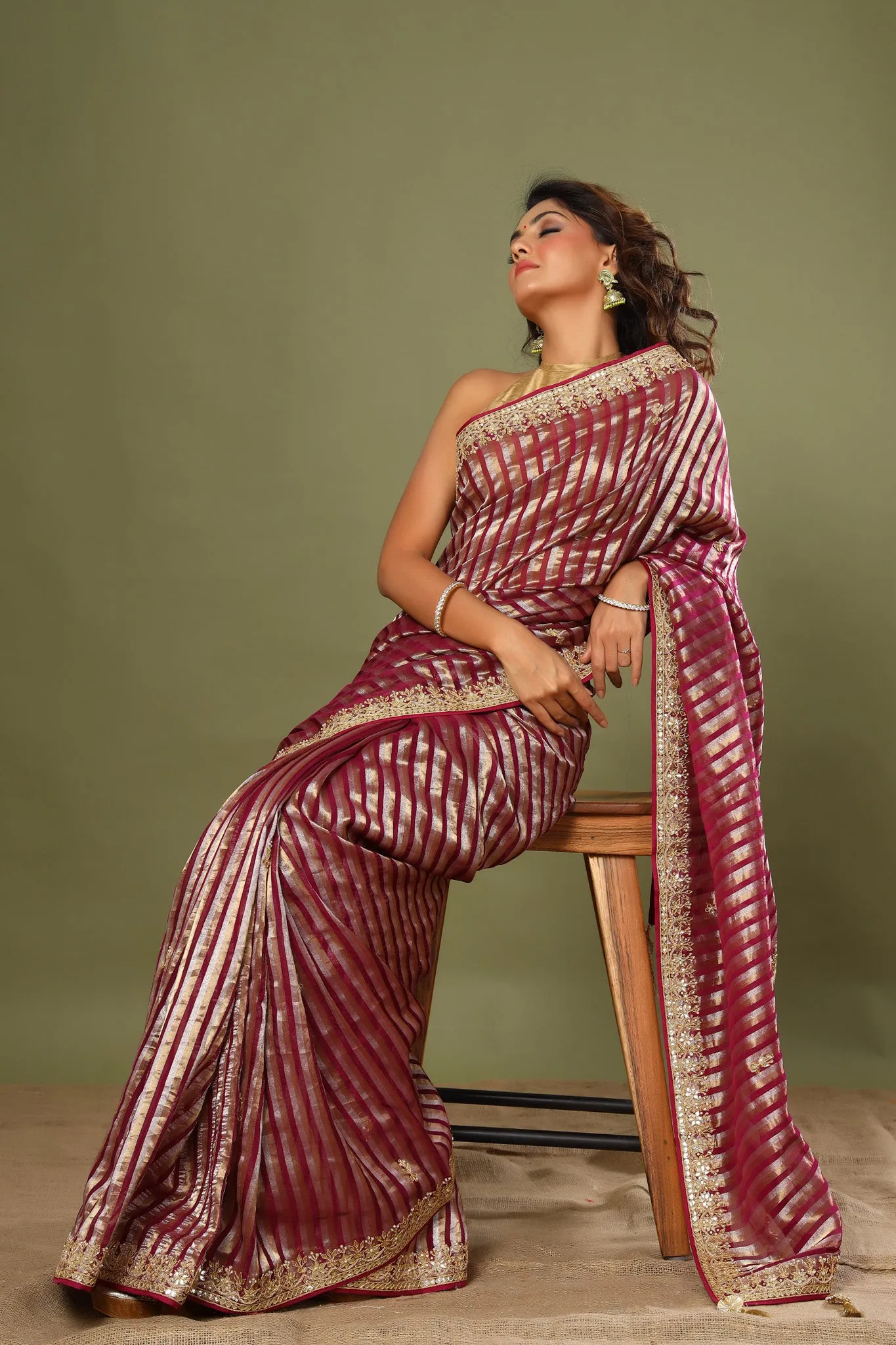 90Z570-NRO Purple Striped Kora Banarasi Sari with Embroidered Border