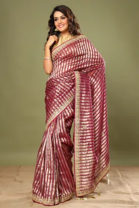 90Z570-NRO Purple Striped Kora Banarasi Sari with Embroidered Border