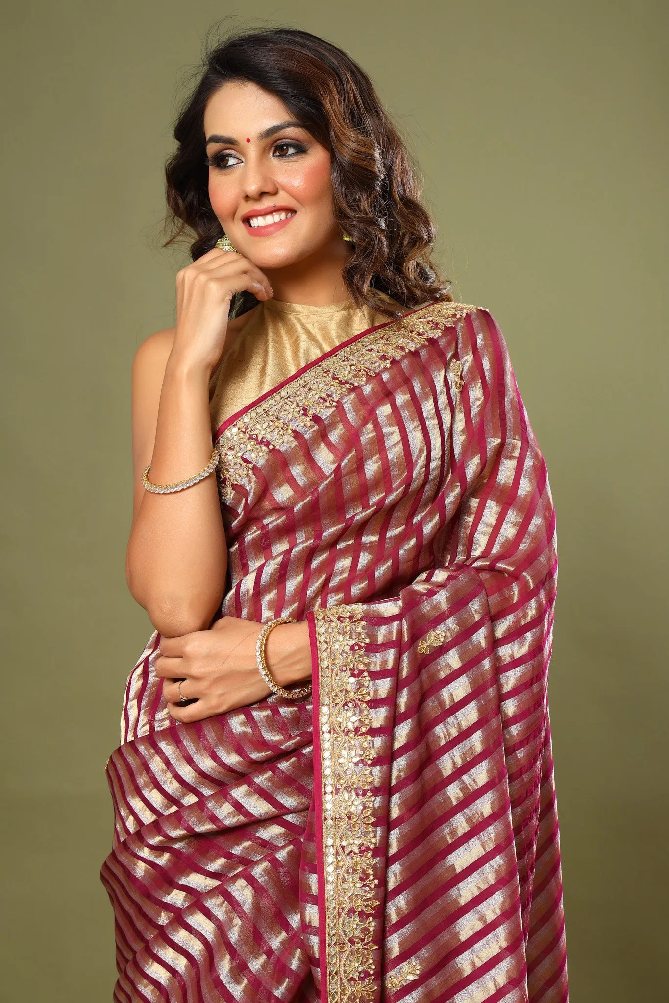 90Z570-NRO Purple Striped Kora Banarasi Sari with Embroidered Border