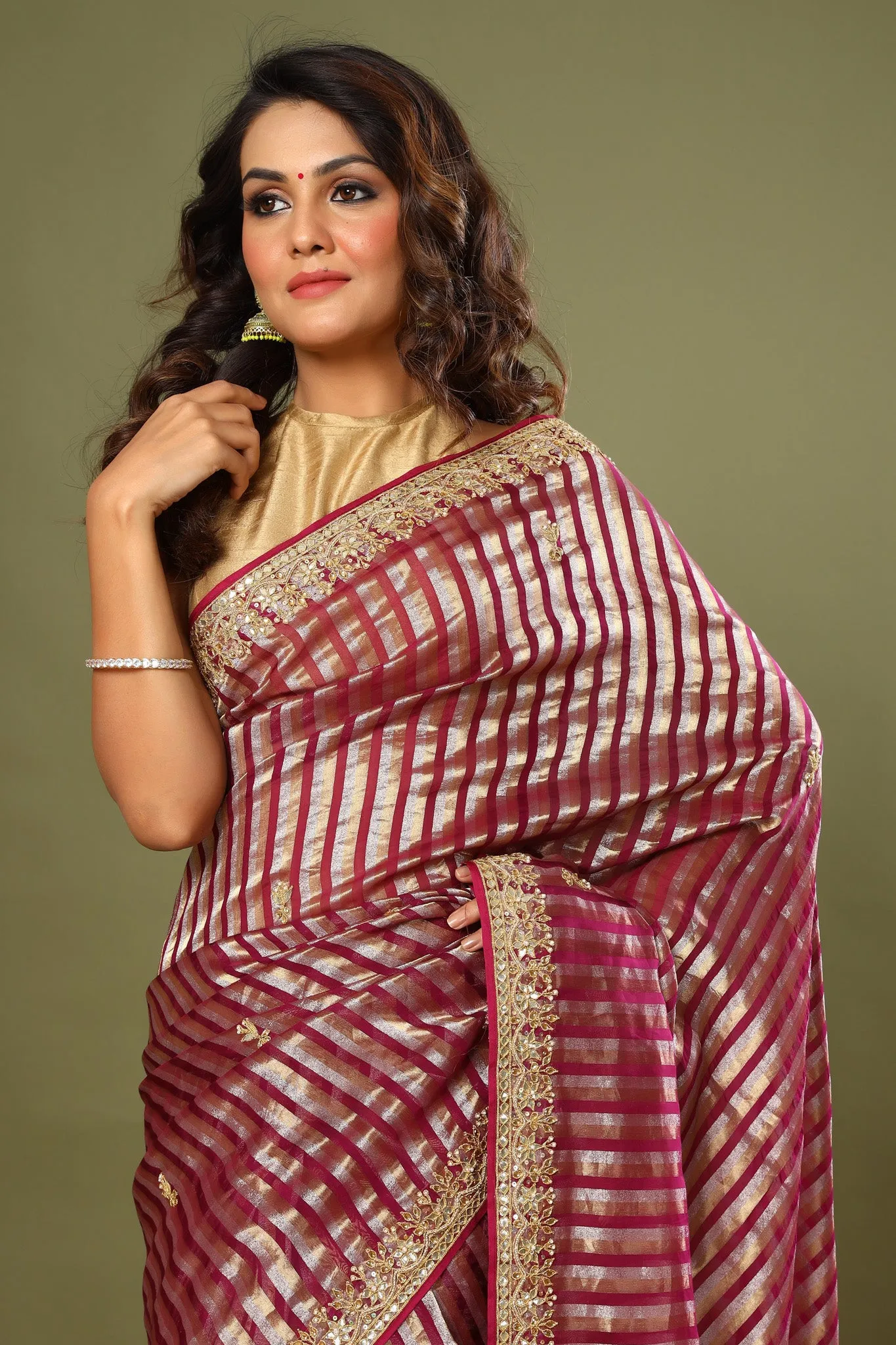 90Z570-NRO Purple Striped Kora Banarasi Sari with Embroidered Border