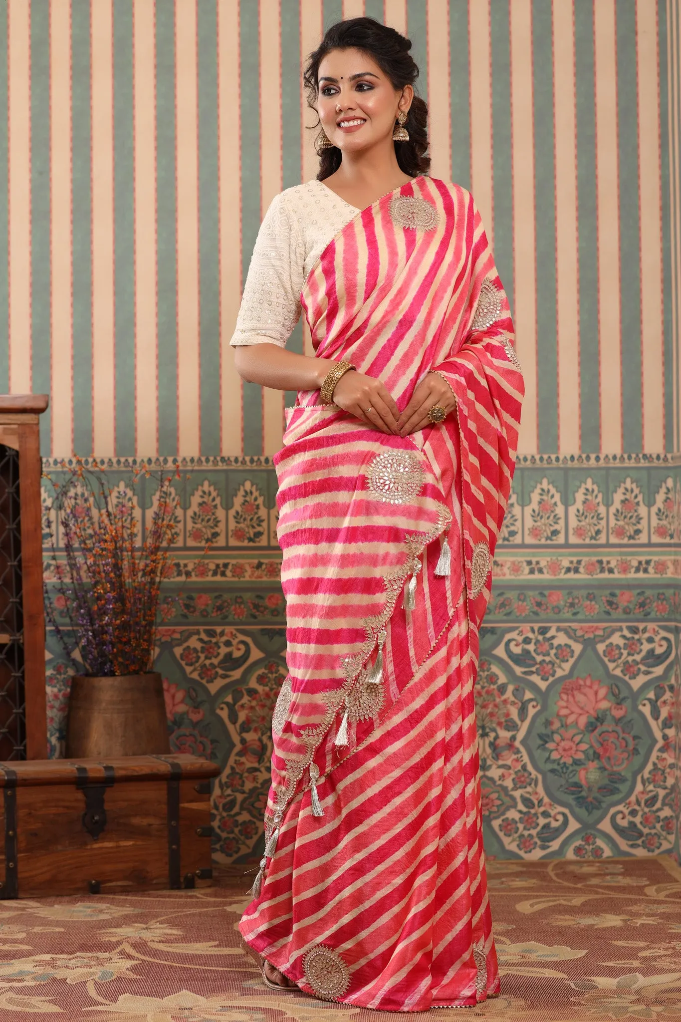 90Z577-RO Pink Striped Tussar Silk Saree with Saree Blouse