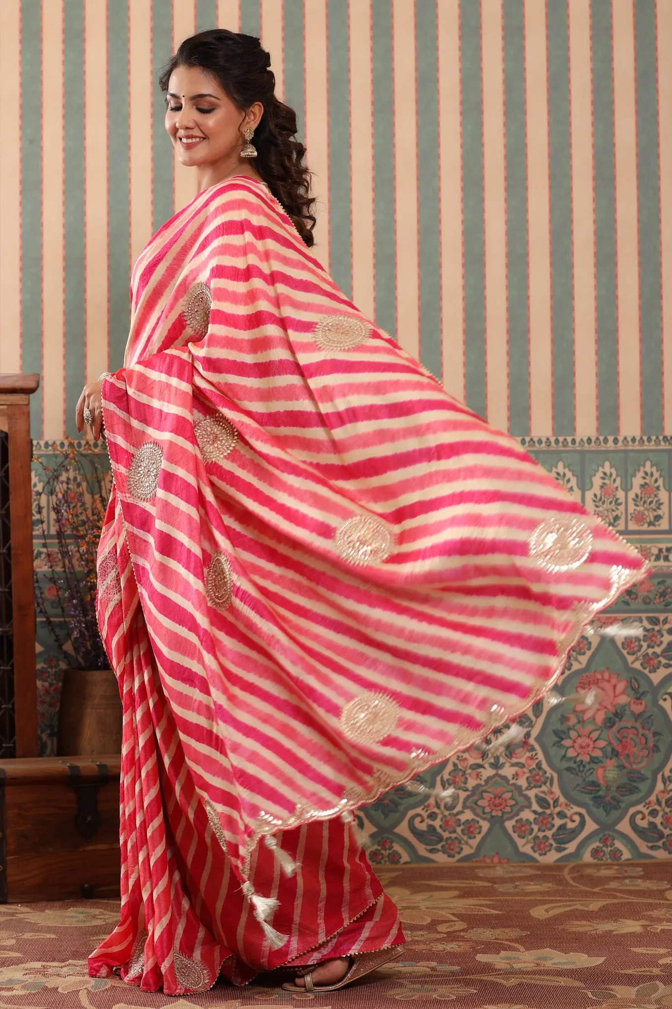 90Z577-RO Pink Striped Tussar Silk Saree with Saree Blouse