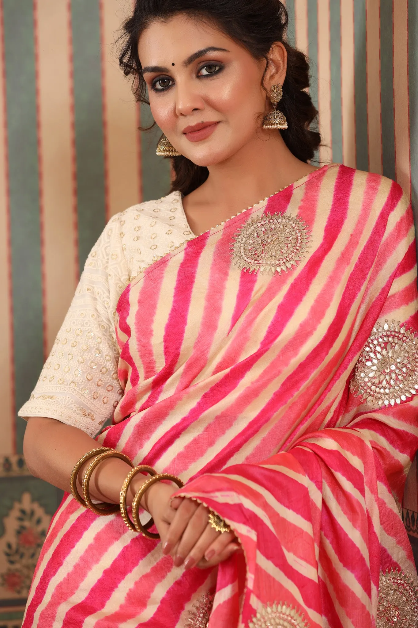 90Z577-RO Pink Striped Tussar Silk Saree with Saree Blouse