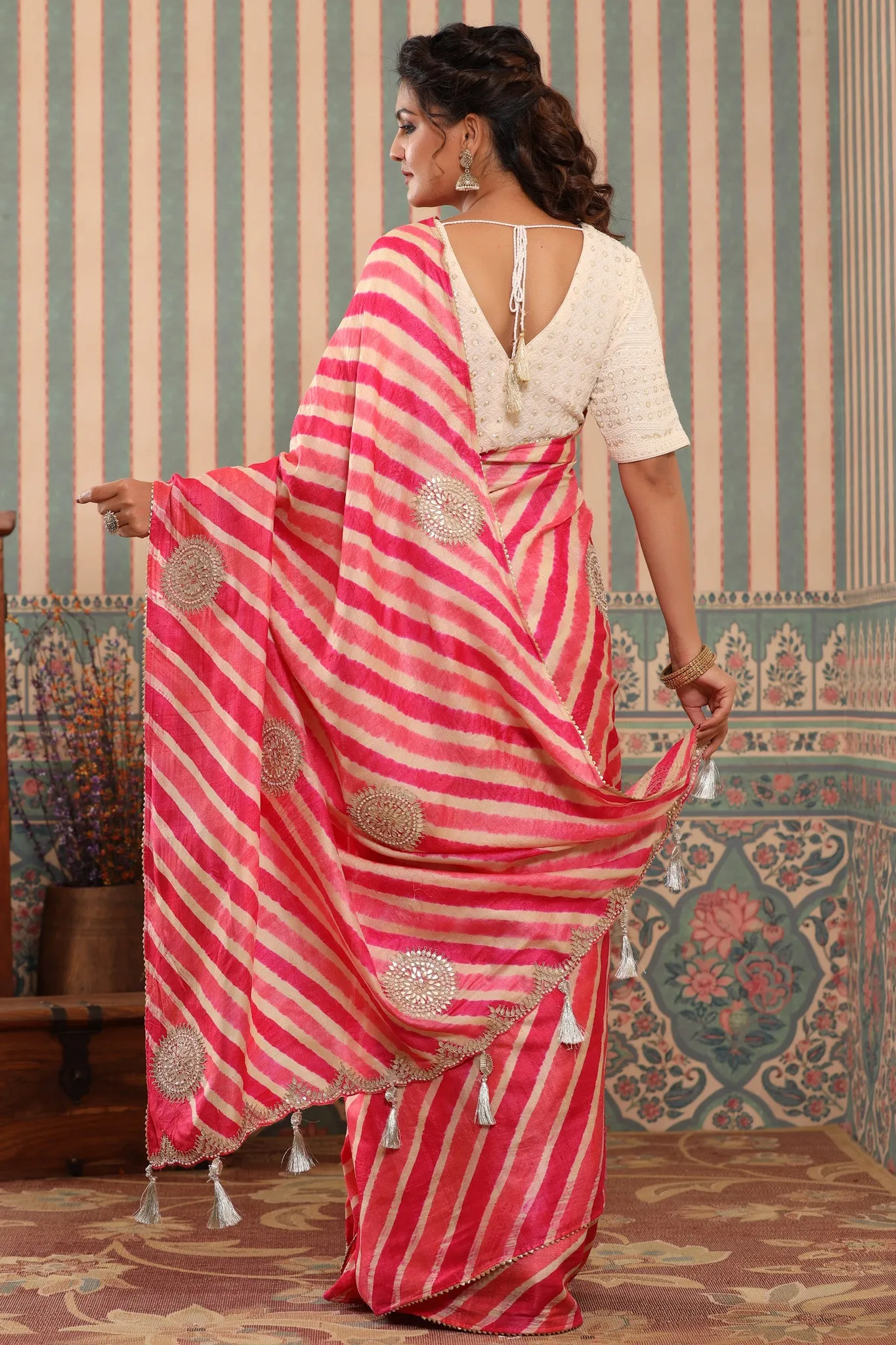 90Z577-RO Pink Striped Tussar Silk Saree with Saree Blouse