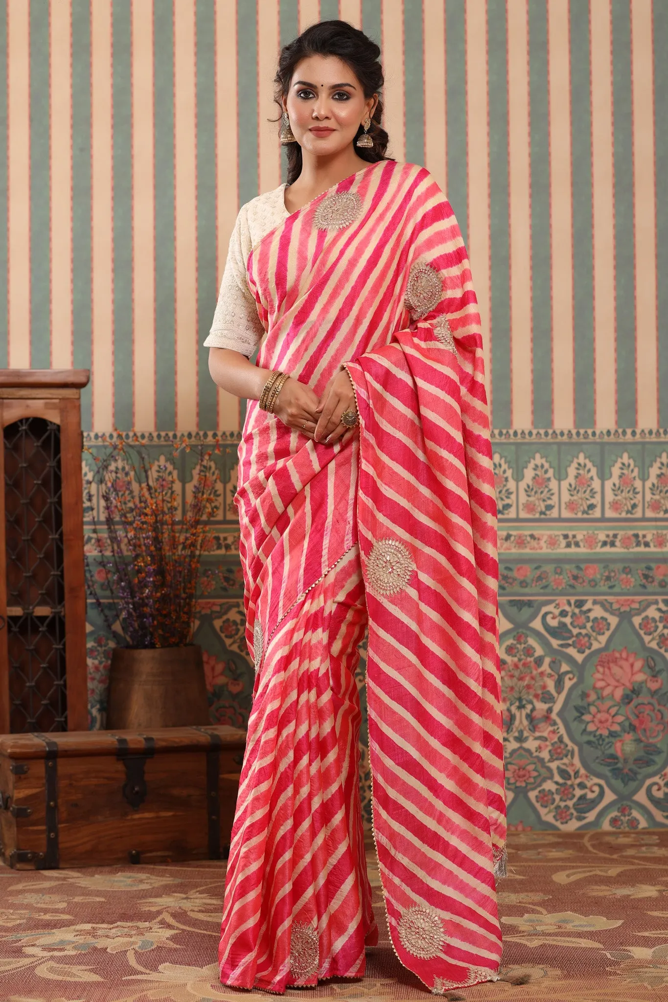 90Z577-RO Pink Striped Tussar Silk Saree with Saree Blouse